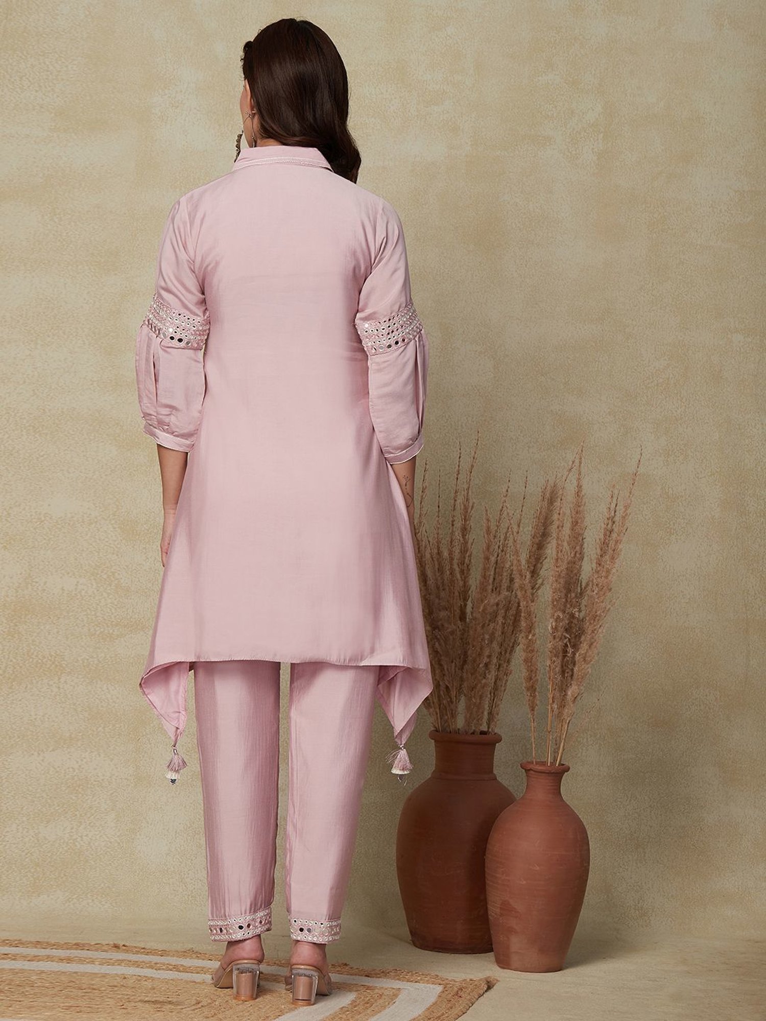 Fashor Pink Embellished Kurti Pant Set