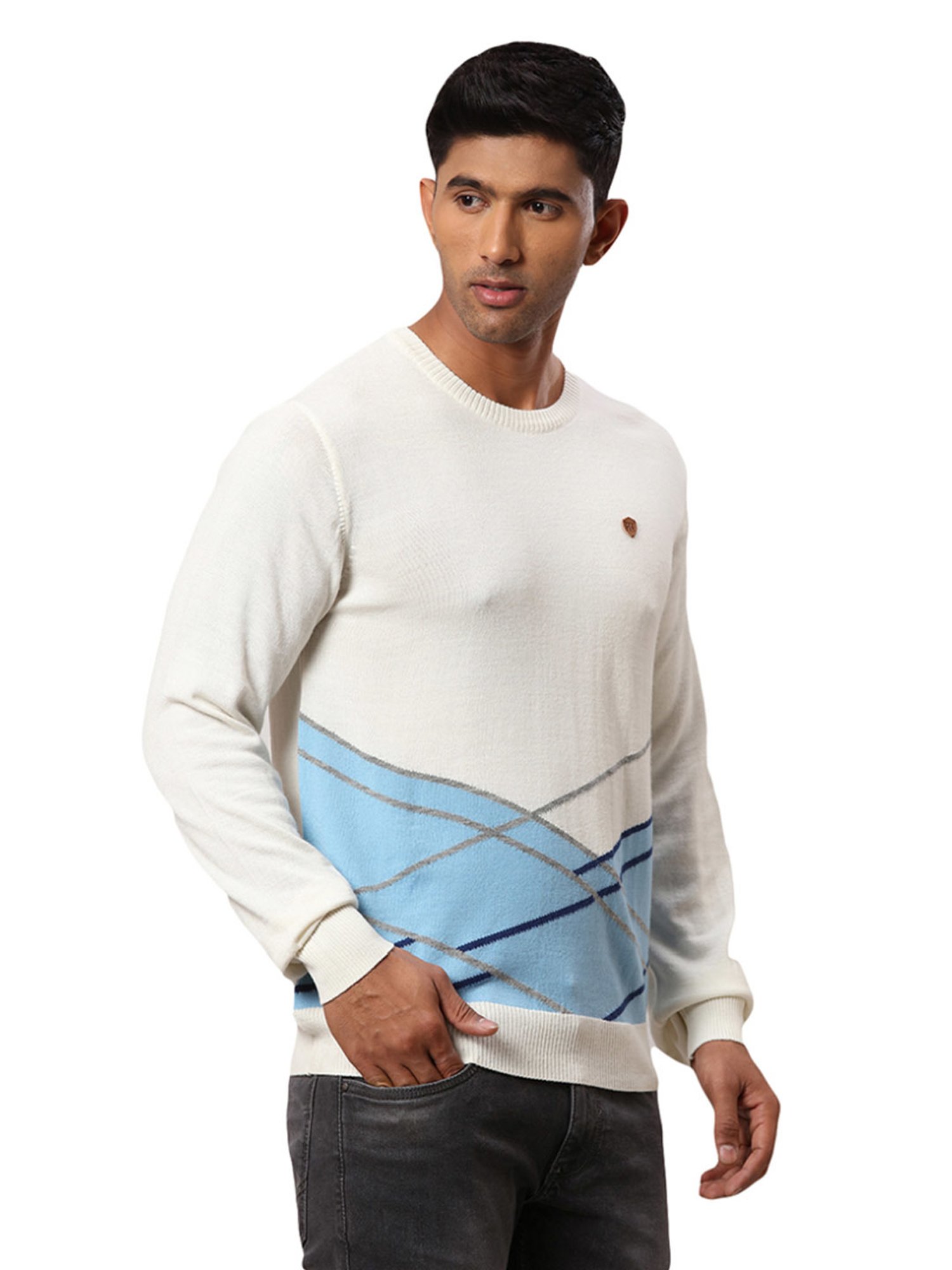 Raymond White & Blue Regular Fit Printed Sweater