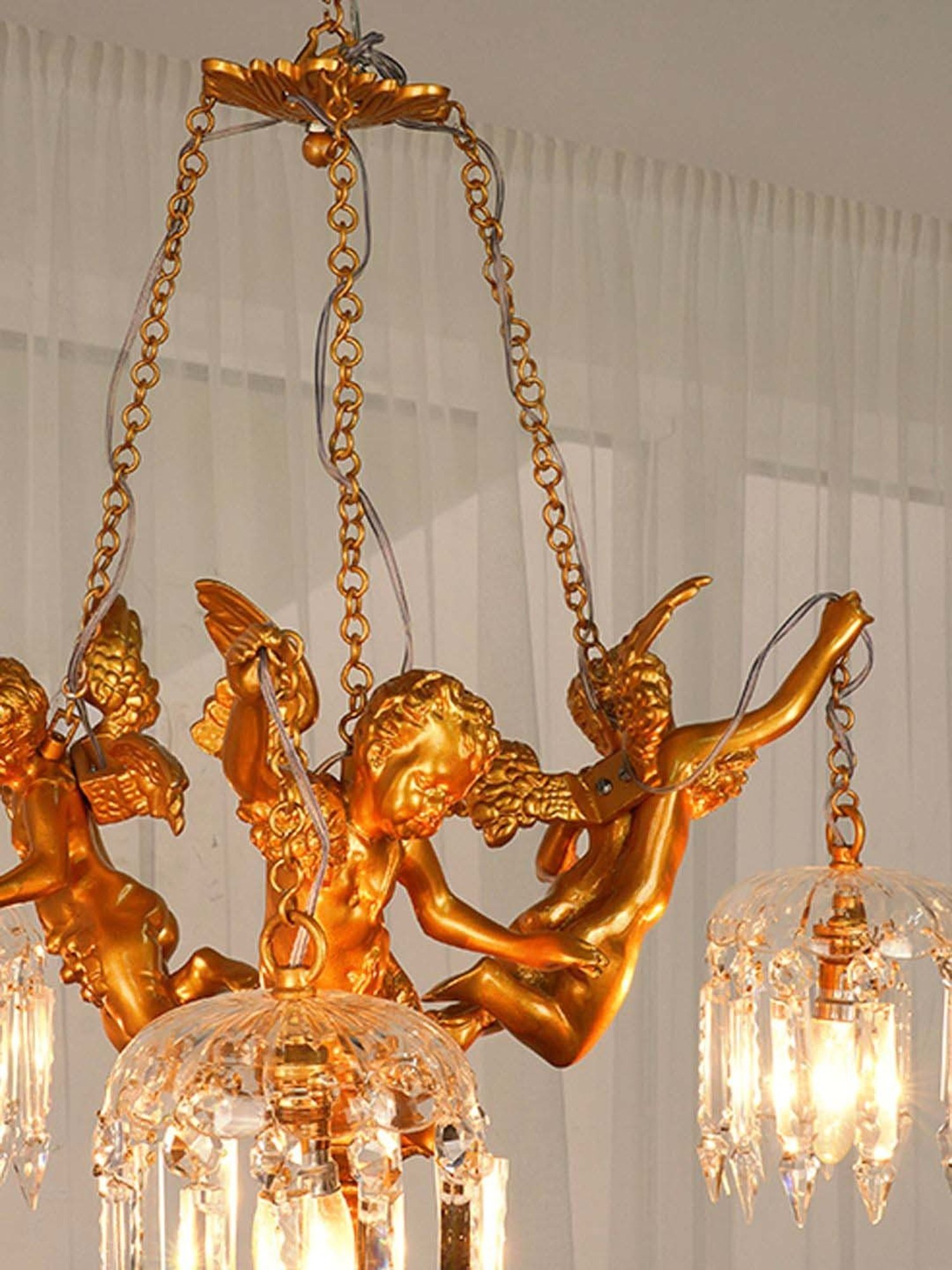 FOS LIGHTING Golden & Transparent Aluminium 3-In-1 Cherubs Chandelier With Glass Shade