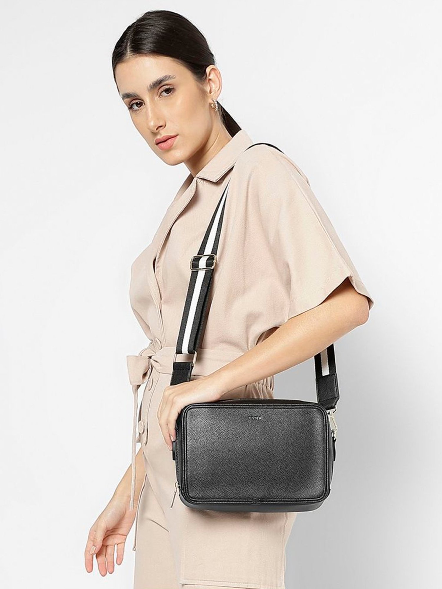 Tyra Sladison Black Solid Faux Leather Sling Handbag