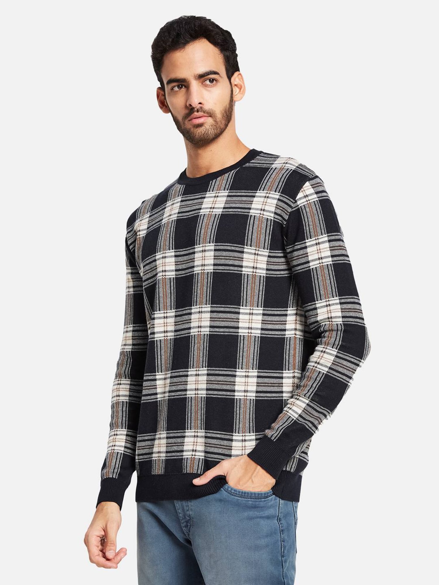 METTLE Navy Cotton Regular Fit Checks Sweater