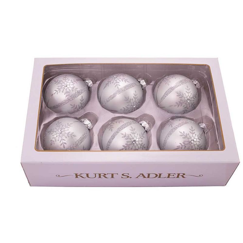 Kurt Adler 80MM Silver Snowflake Glass Ball Ornaments, 6-Piece Set