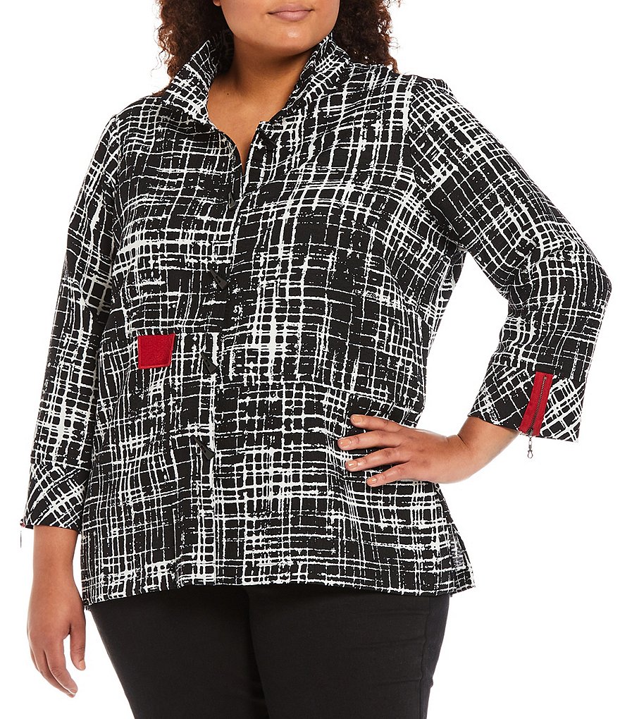 Ali Miles Plus Size 3/4 Zip Cuff Sleeve Printed Point Collar Jacket