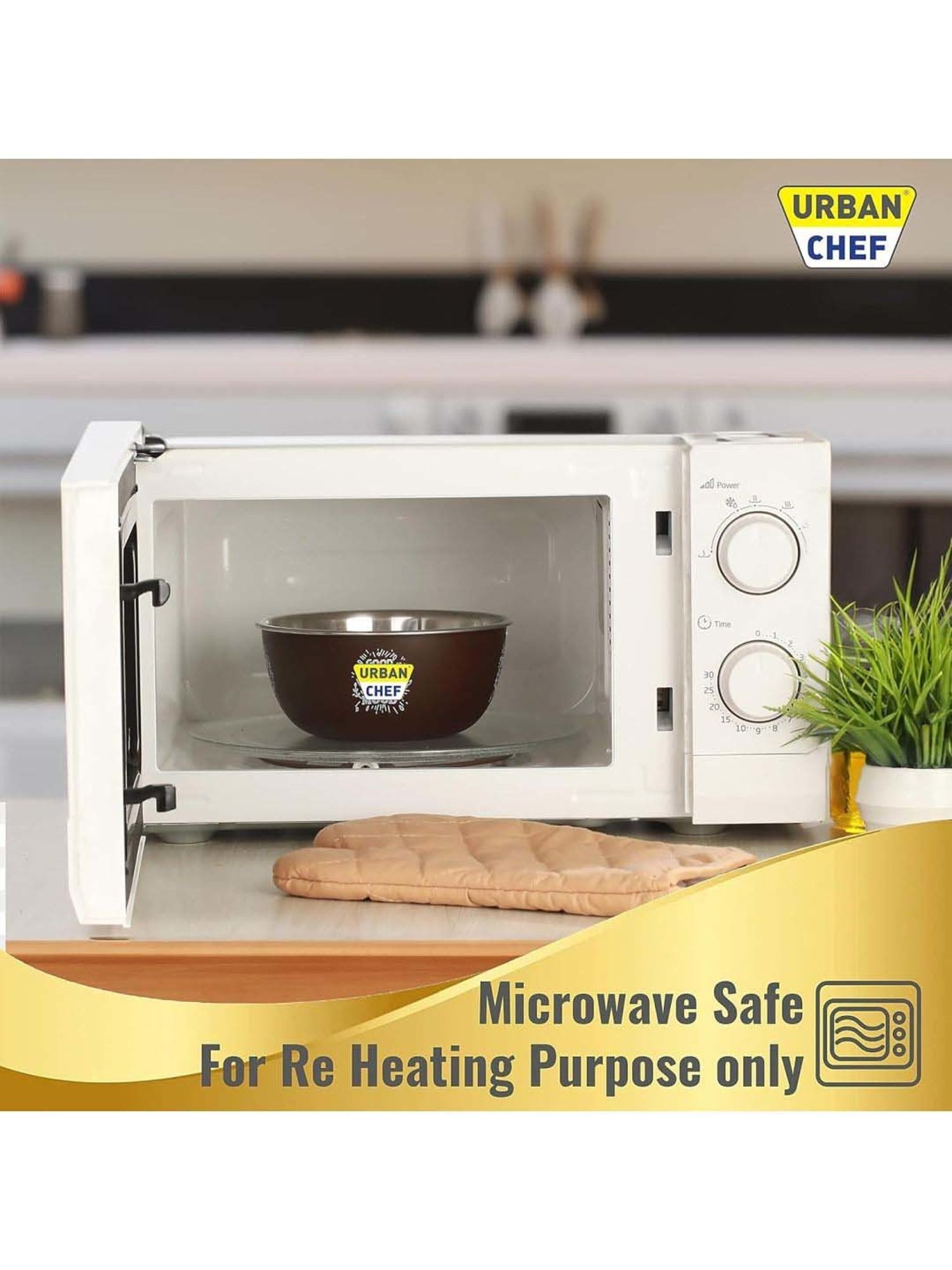 Urban Chef Brown Stainless Steel Microwave Safe Serving Bowl With Lid - Set of 3