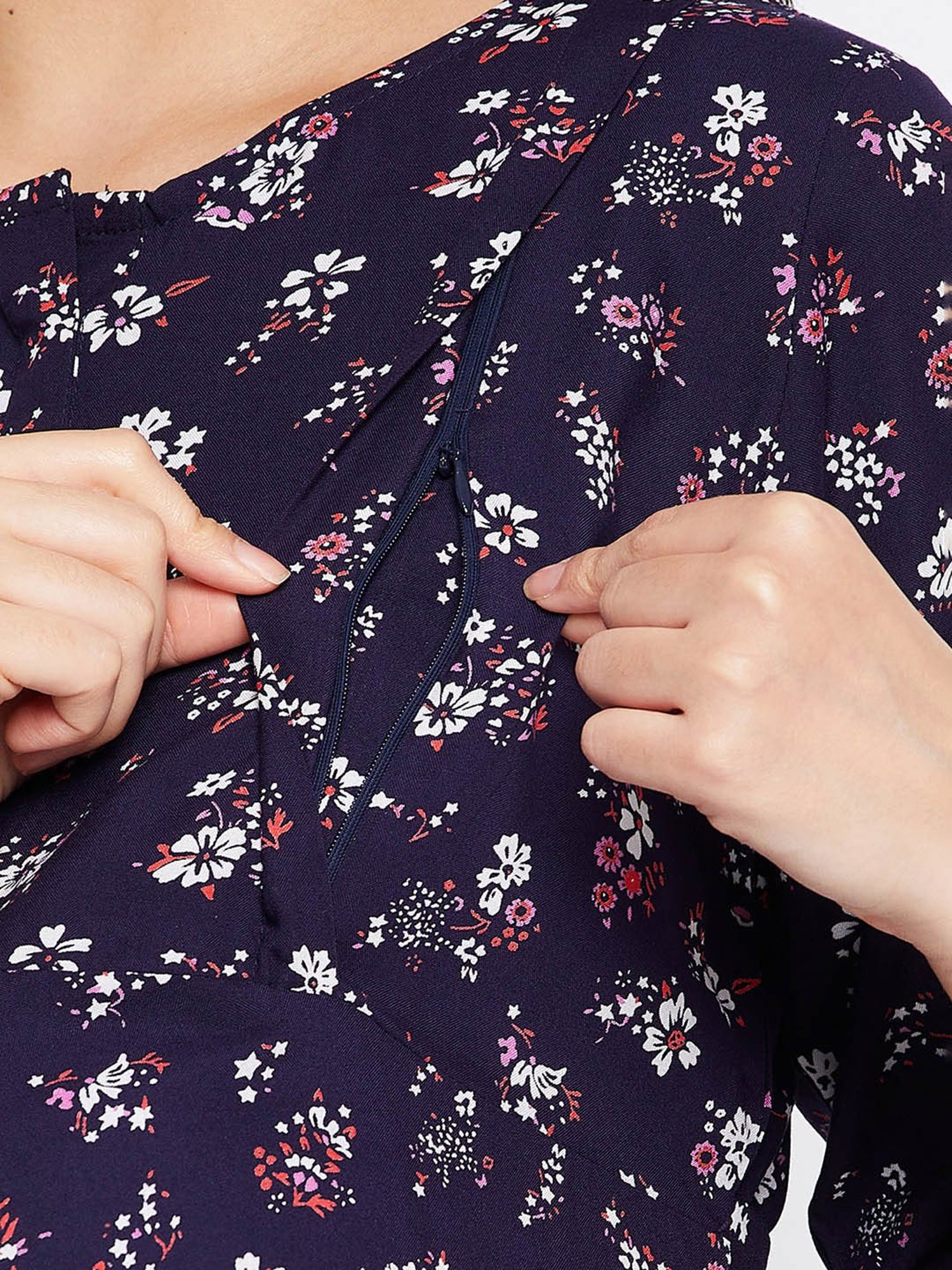 Hypernation Navy Rayon Floral Print Maternity Dress