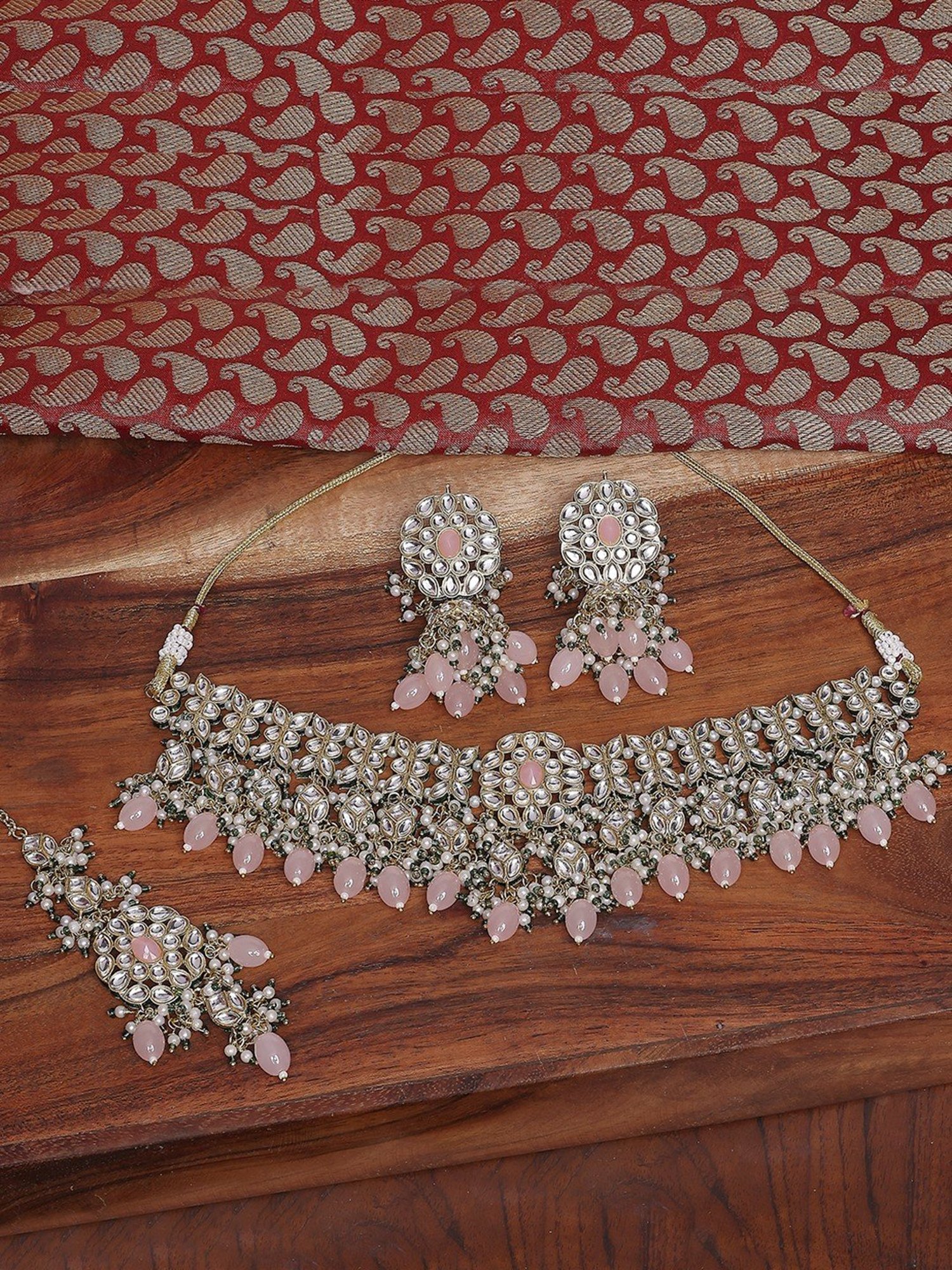 Oomph Pink Jadau Ethnic Necklace, Earring & MaangTikka Set