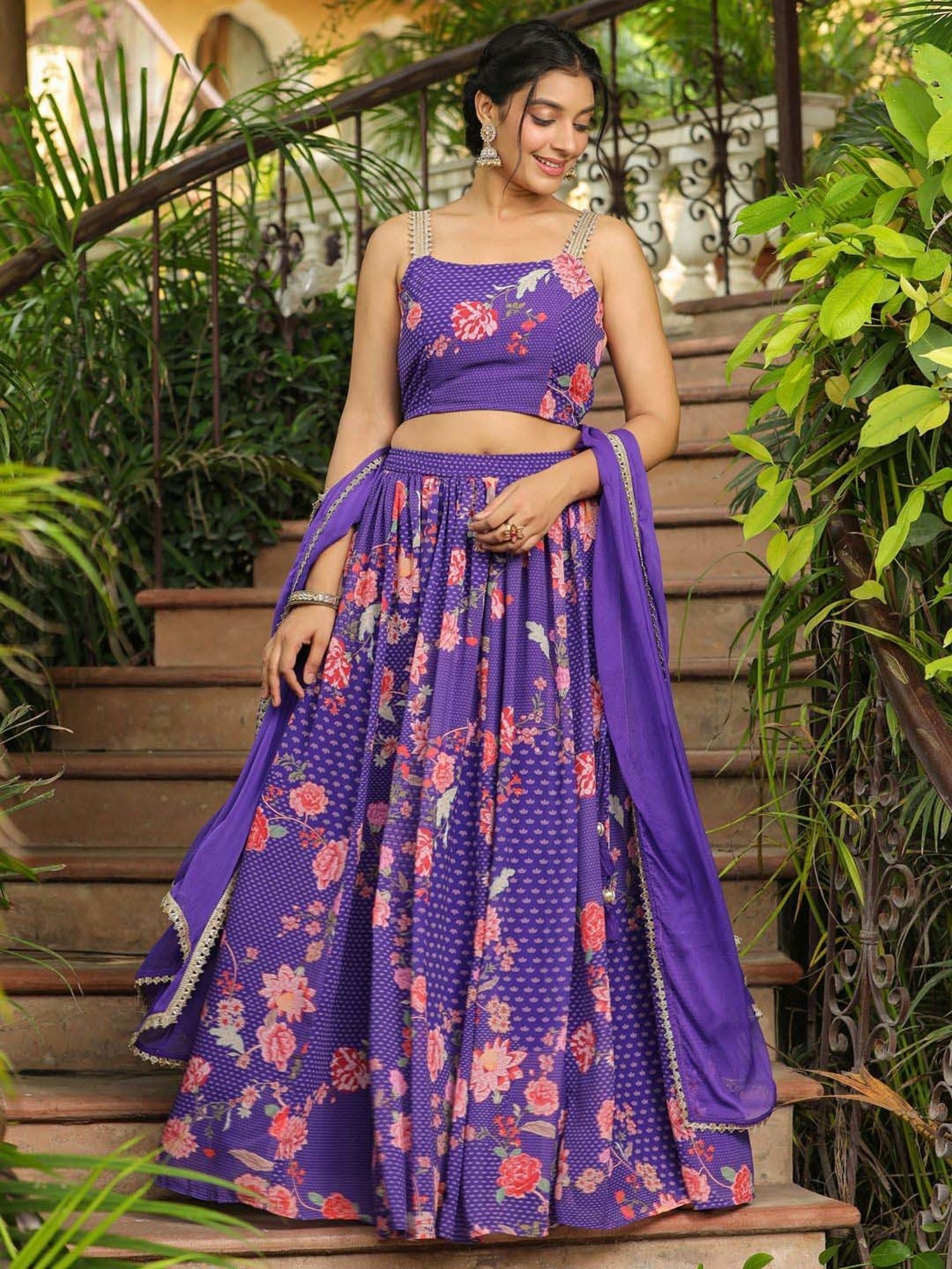 Janasya Purple Printed Lehenga Choli Set With Dupatta