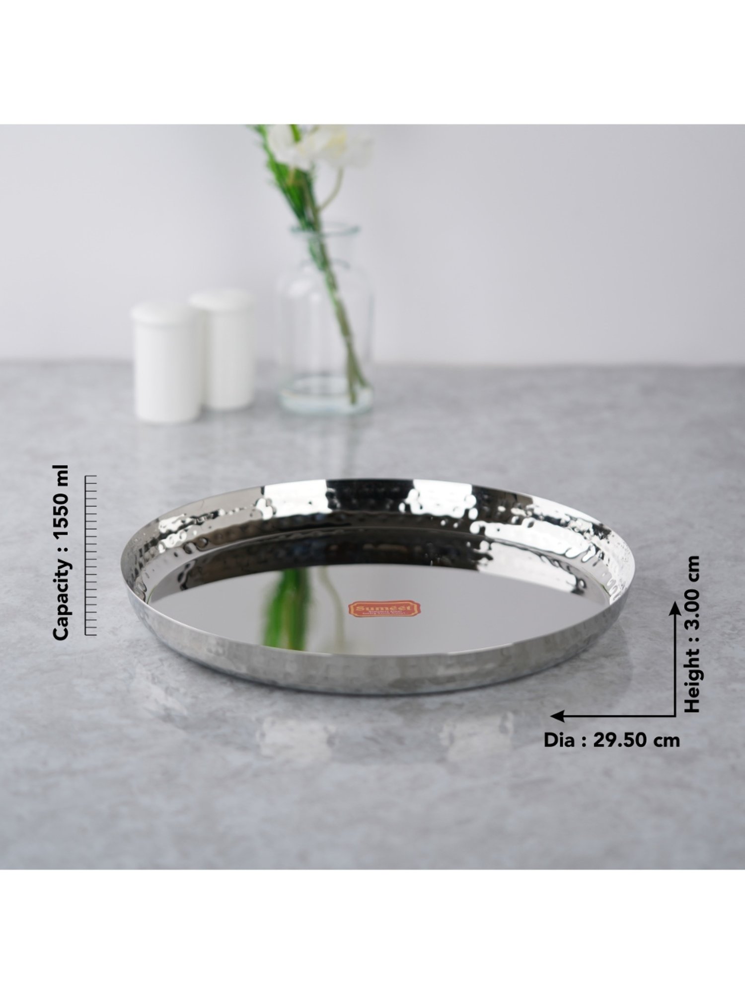 Sumeet S.S.Handcrafted Hammered Texture Heavy Gauge Mirror Finish Royal Dinner Plate set-4pc,29.5cm