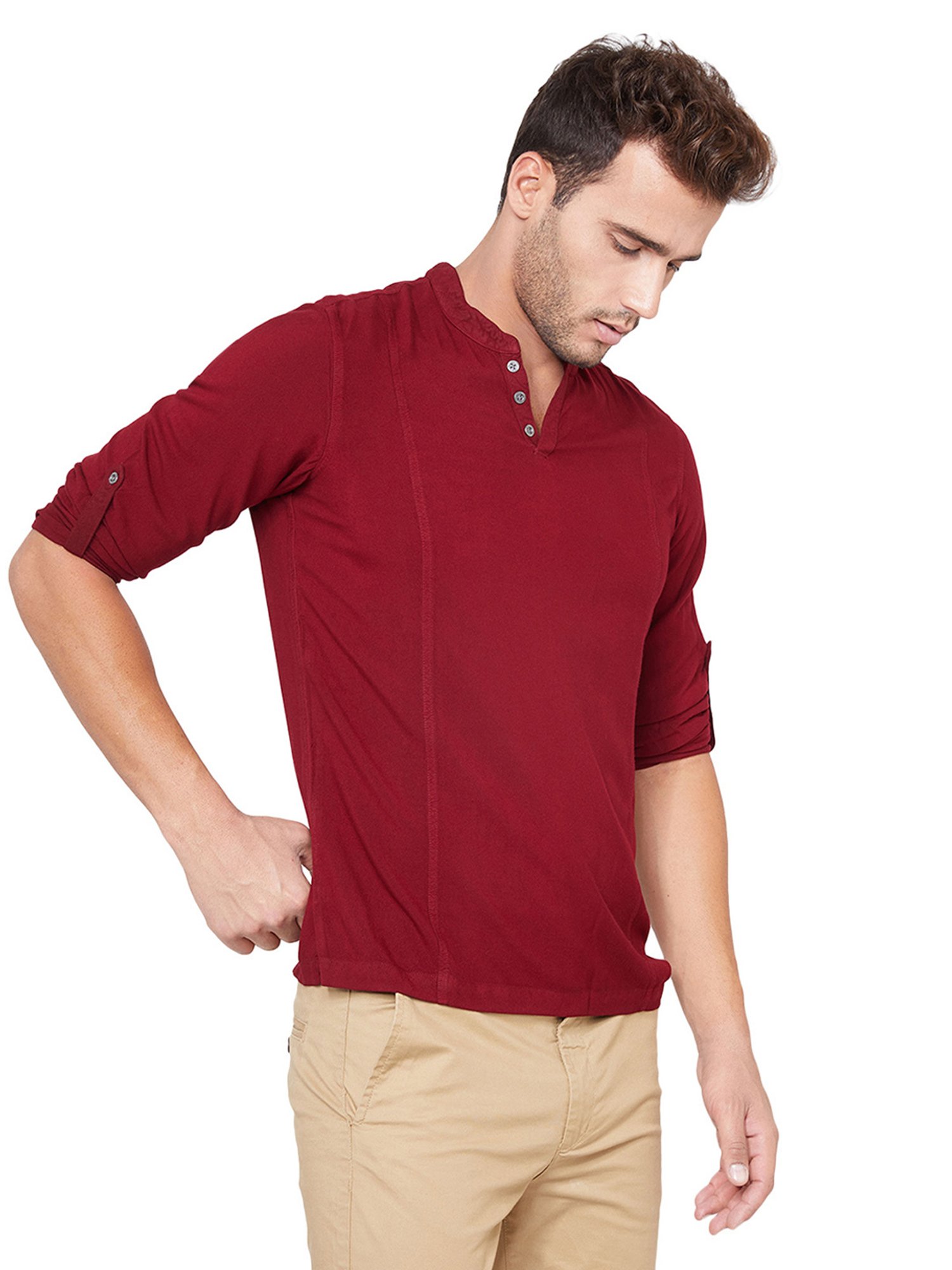 Identiti Maroon Full Sleeves Solid Slim Fit Short Kurta