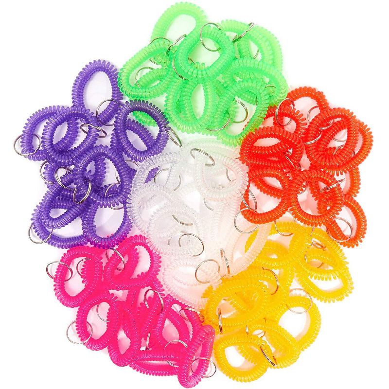 Juvale 60 Pack Spiral Wrist Key Chain Coil Bracelet with Key Rings, 6 Colors (6 inches)