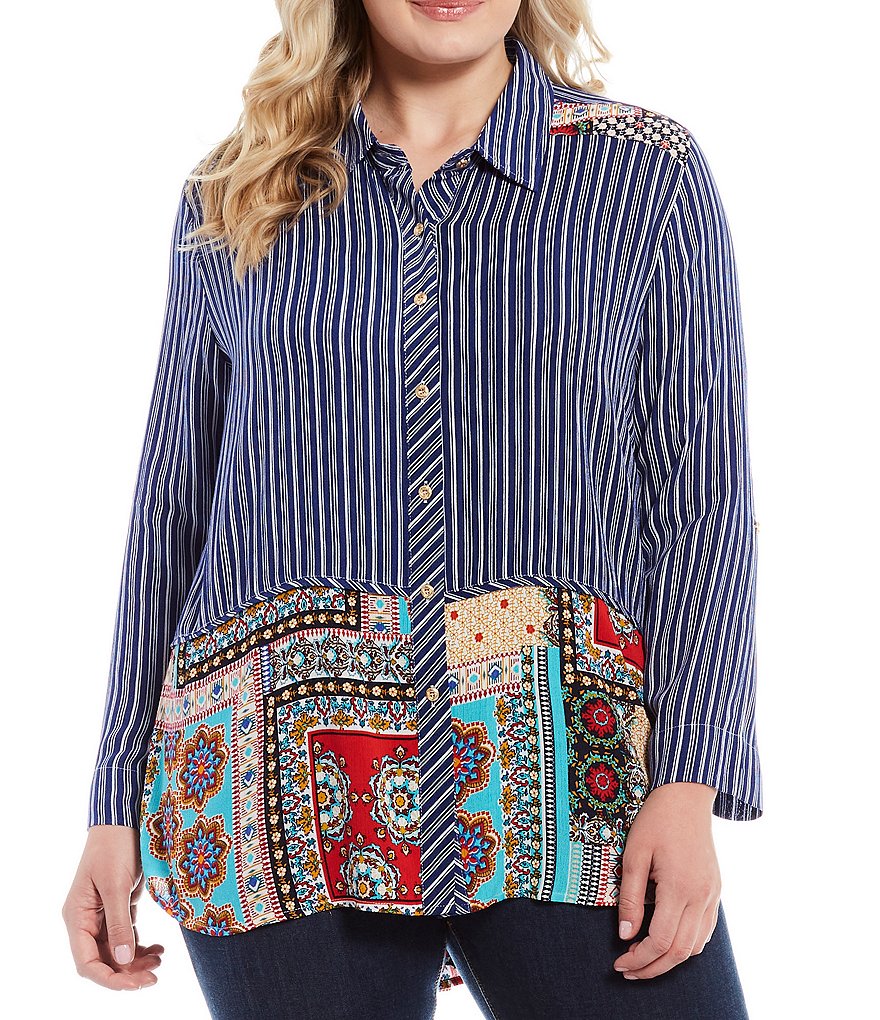 Calessa Plus Size Stripe Patchwork Print Button Down Point Collar Neck 3/4 Roll-Tab Sleeve Tunic