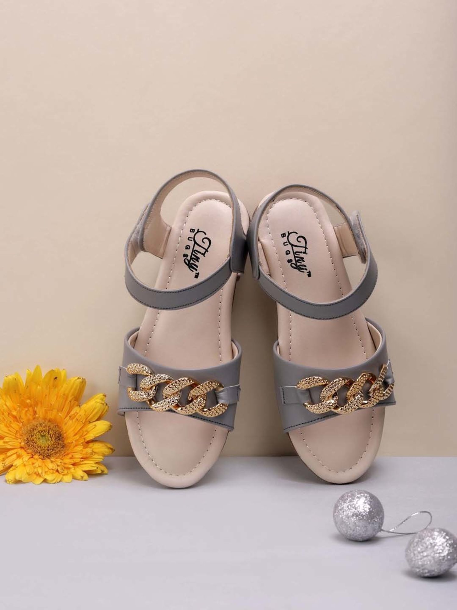 Tiny Bugs Kids Grey & Beige Ankle Strap Sandals