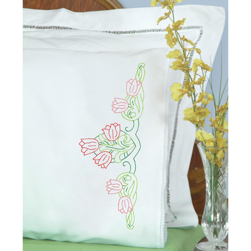 Jack Dempsey Stamped Pillowcases W/White Lace Edge 2/Pkg-Tulips