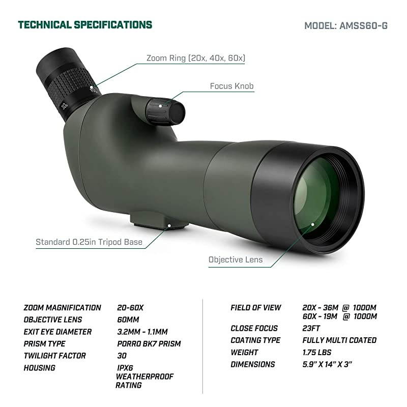 Spotting Scope  Shooting wTripod 2060x60mm Multi Coated Optical Lens Waterproof 3619m1000m Telescope with Universal Smartphone Adapter AMSS60G
