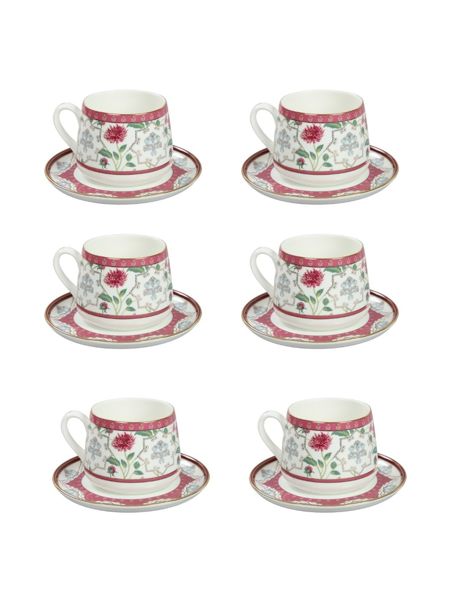 India Circus Floral Pink Bone China Cup Saucer (Set of 8)