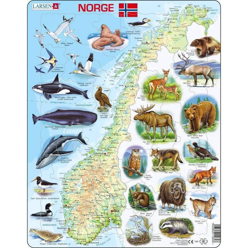 Larsen Puzzles Norway Map with Animals Kids Jigsaw Puzzle - 62pc