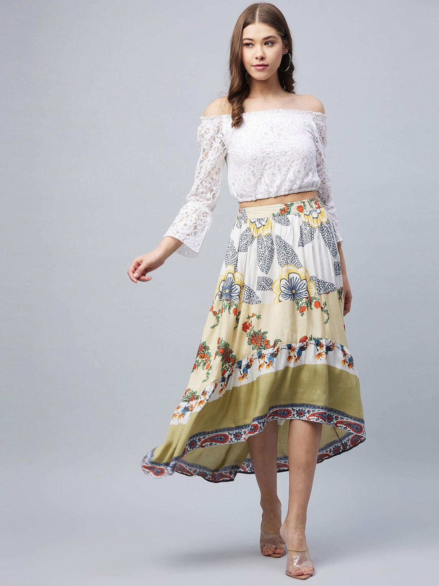 StyleStone Multicolor Lace Crop Top With Skirt