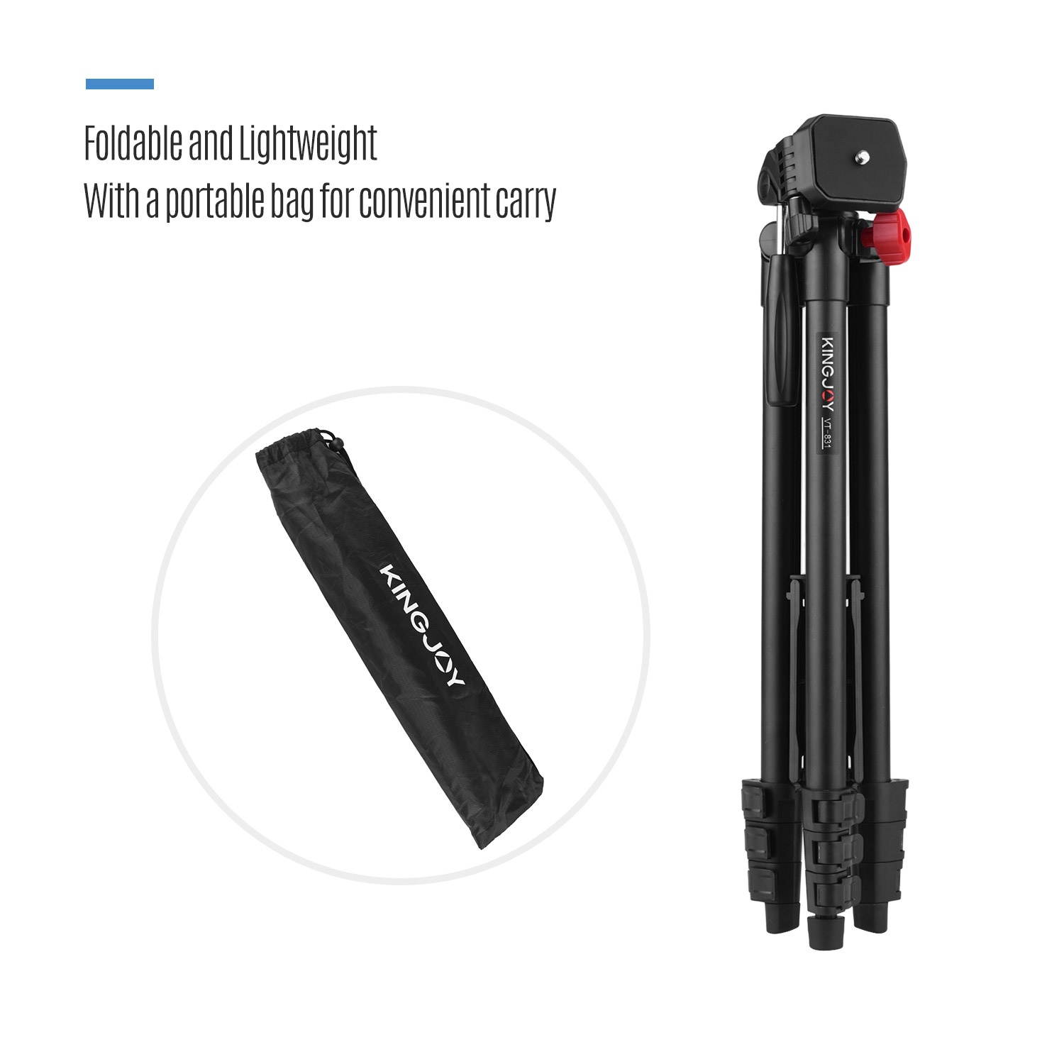 KINGJOY VT-831 Portable Lightweight Photography Tripod Stand Aluminum Alloy 1/4 Inch Screw Connector 2kg Load Capacity Max. Height 135cm with Carry Bag Black