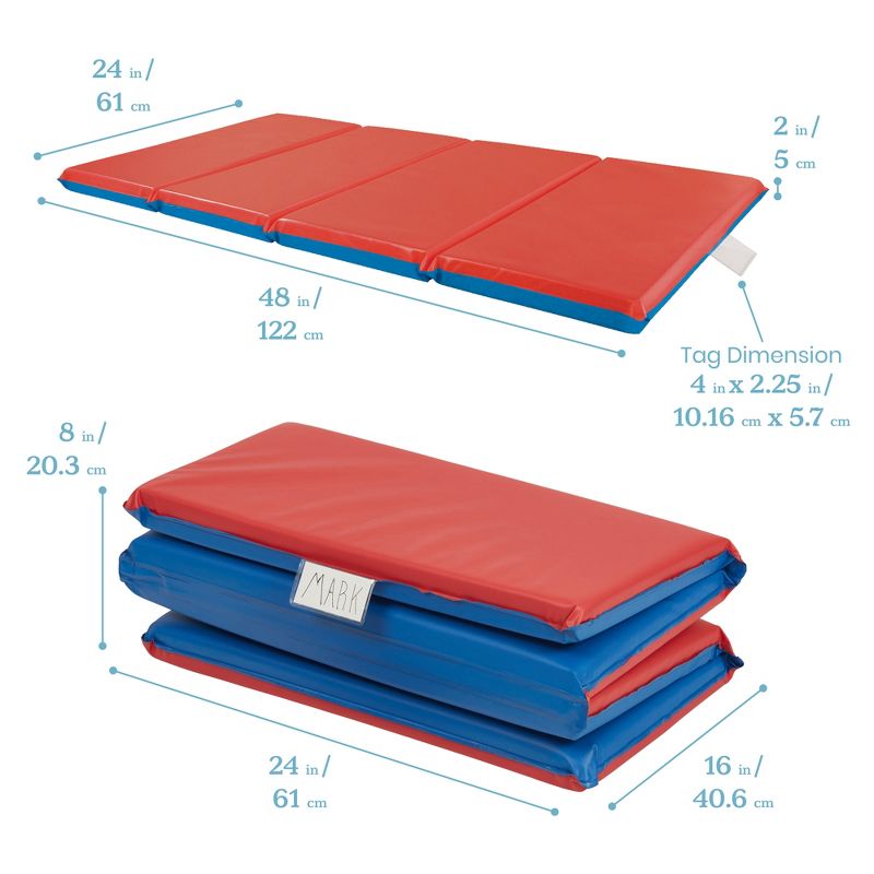 ECR4Kids Heavy-Duty 4-Fold Daycare Rest Mat with Name Tag Holder, 2in Thick, 5-Pack - Red/Blue