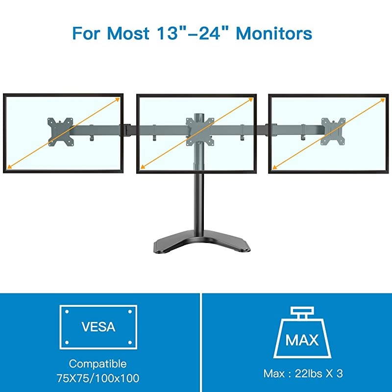 Triple Monitor Stand Free Standing Fully Adjustable Monitor Desk Mount Tilts Swivels Rotates Fits 3 LCD LED OLED Screens 1324 Inches in Size Each Arm Holds up to 22lbs