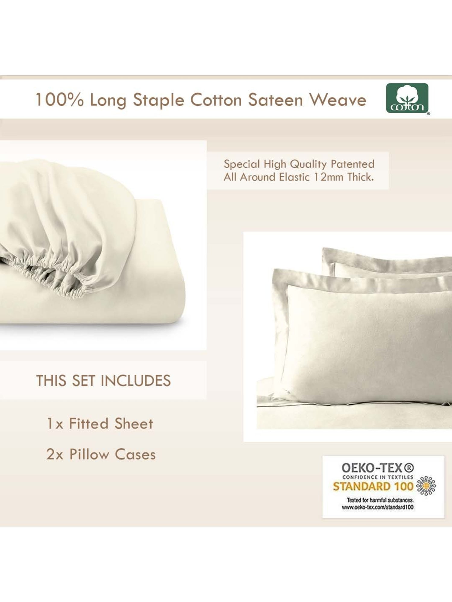 Pizuna 400TC 100% Cotton Ivory Fitted Bed Sheet King Size With 2 Pillow Cover