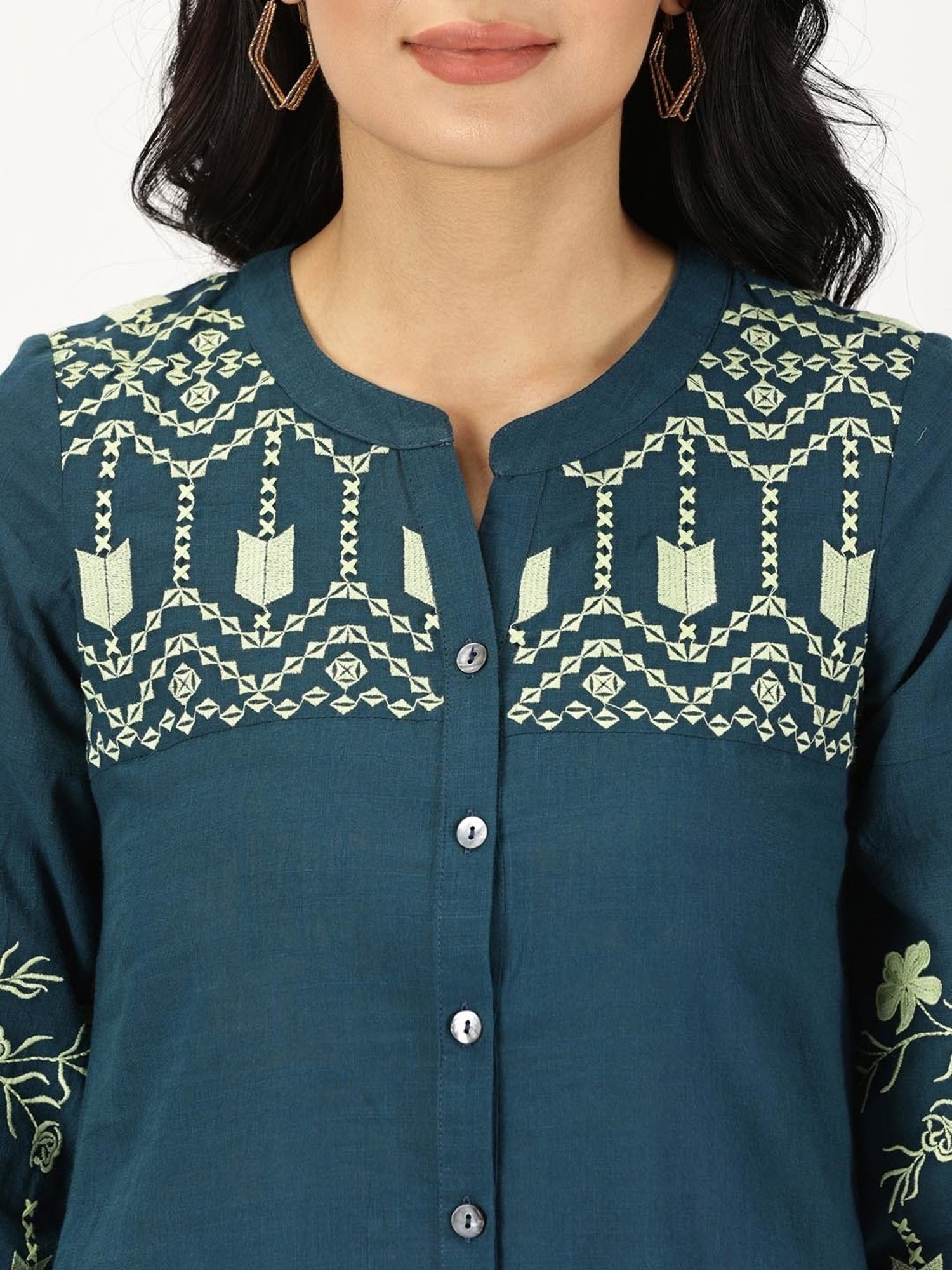 Saffron Threads Teal Cotton Embroidered Ethnic Dress