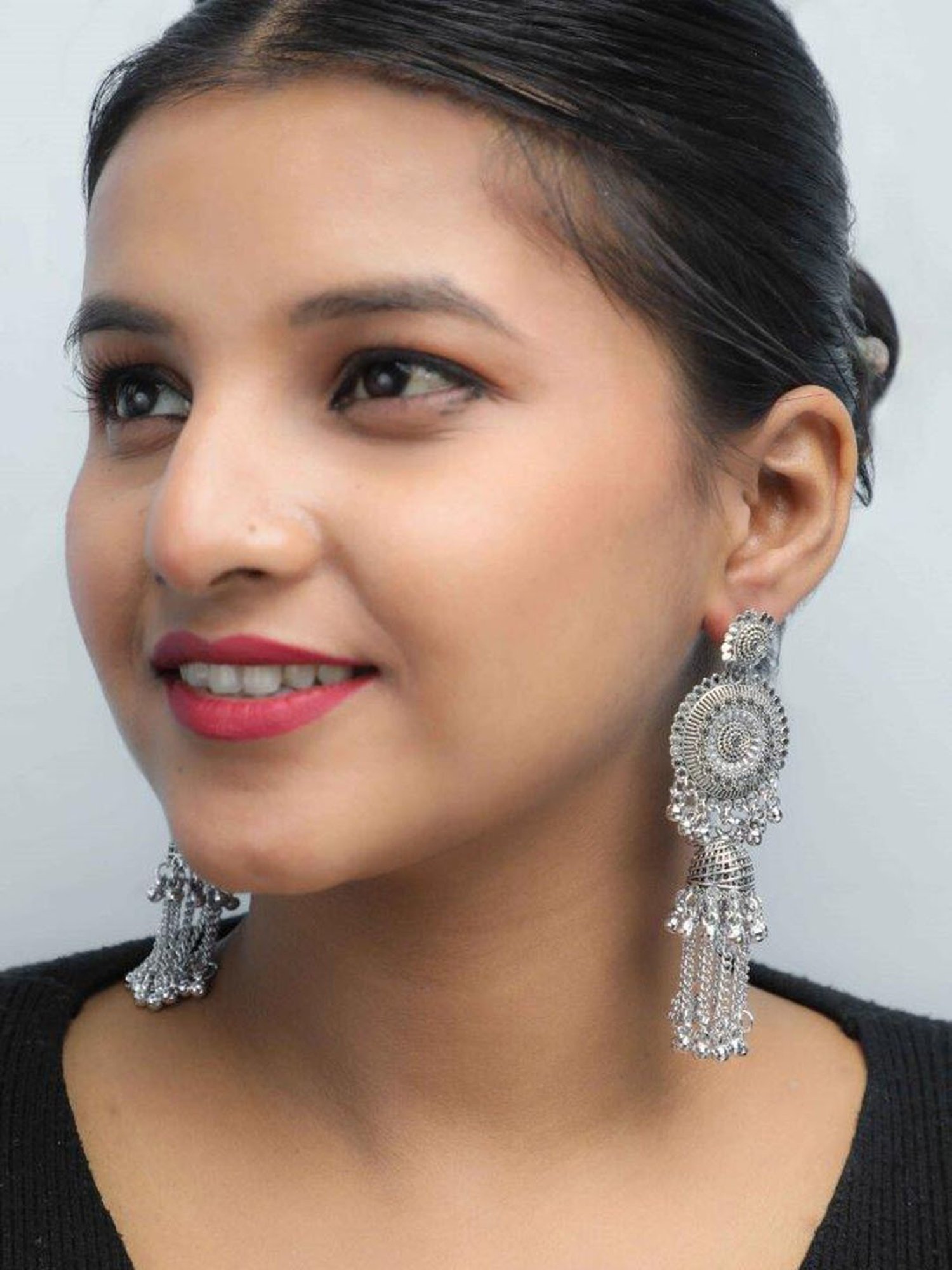 VOJ Silver Plated Oxidised Ghungharoo Studded Earrings for Women