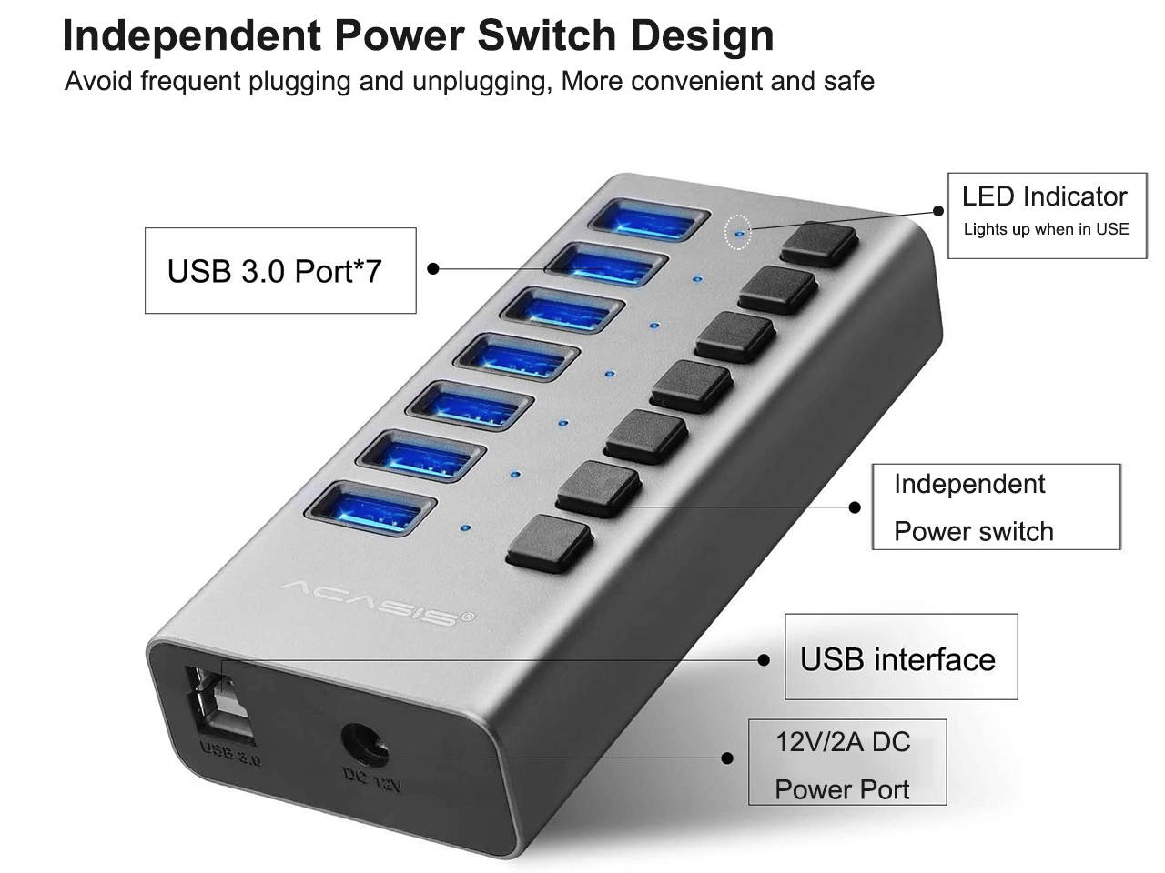 Powered USB Hub, Aluminum 7 Port USB 3.0 Hub  36W USB Splitter with Individual Power On/Off Switches and 12V 3A Power Adapter Support Charing for Laptop, PC, Computer, Mobile HDD, Flash Drive and More
