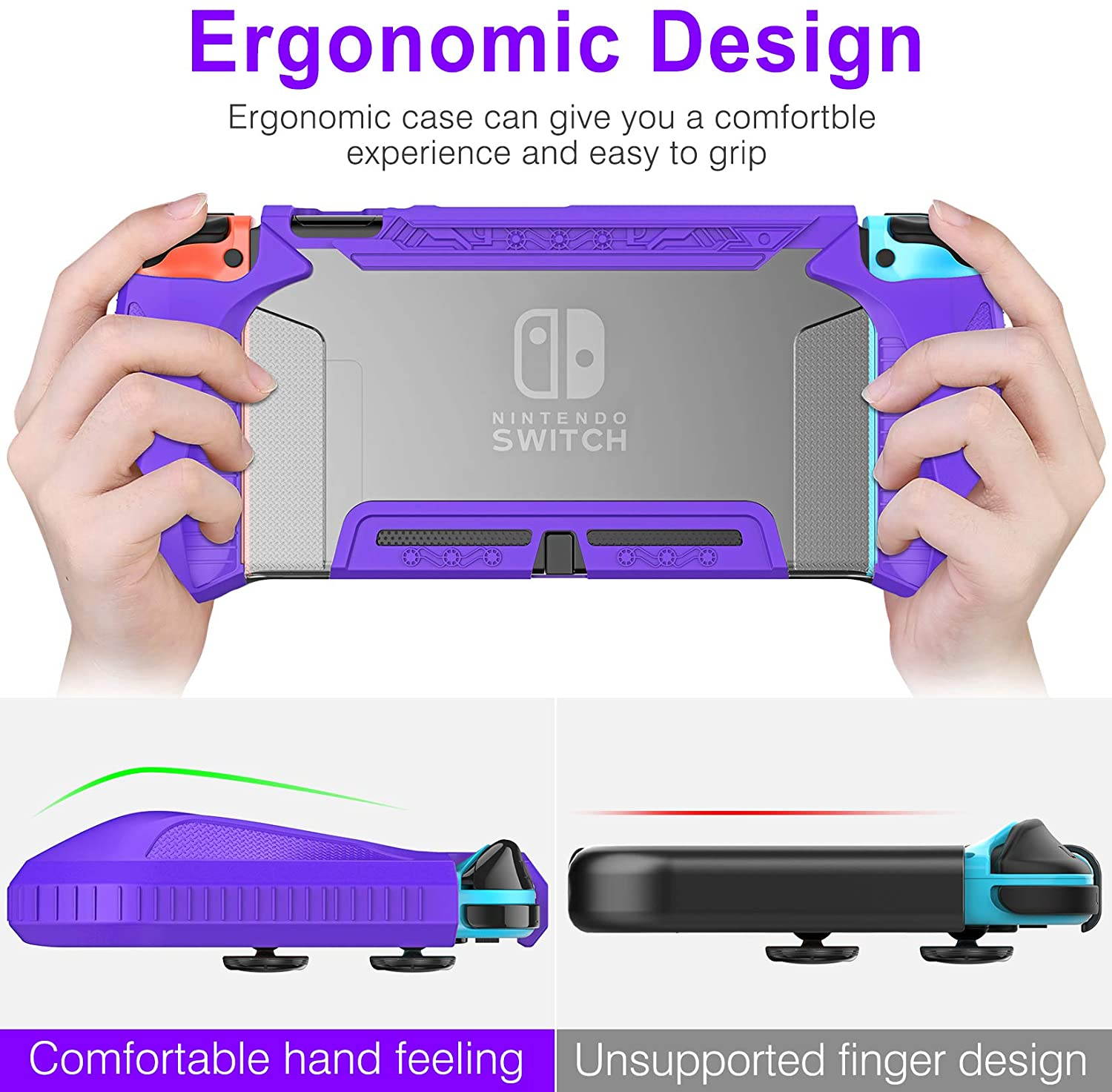 HEYSTOP Case Compatible with Nintendo Switch Case Screen Protector,TPU Protective Heavy Duty Cover Case for Nintendo Switch with Shock Absorption and Anti-Scratch Transparent Purple