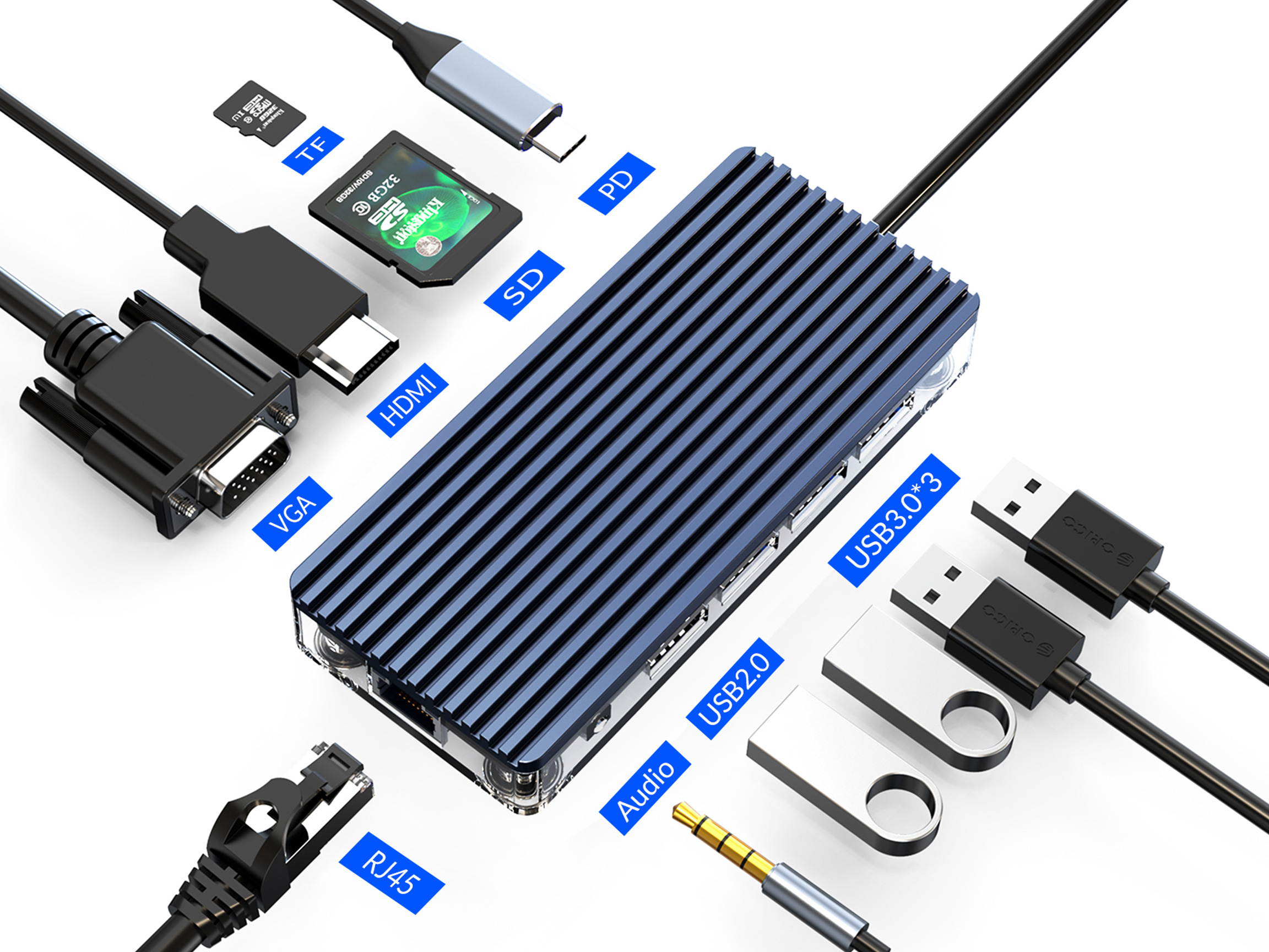 ORICO USB C Hub, 11-in-1 USB C Adapter with 4K HDMI, VGA, 100W PD, Ethernet Port, Audio, SD/TF Card Slot, 4 USB Data Ports for MacBook Air/Pro, XPS, Pixelbook,and More Type C Laptop