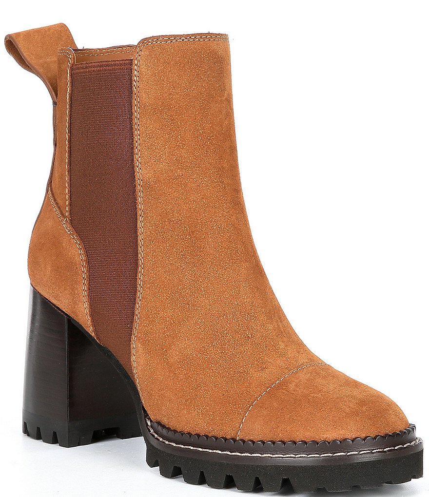 See by Chloe Mallory Suede Lug Sole Block Heel Chelsea Booties