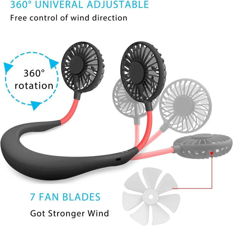 DONWELL Hands Free Neck Fan, Portable Mini Rechargeable LED Neckband Fan with Dual Wind Head and Aromatherapy for Sports, Travelling, Outdoor, Office - 3 Speeds, Battery Operated (Black)