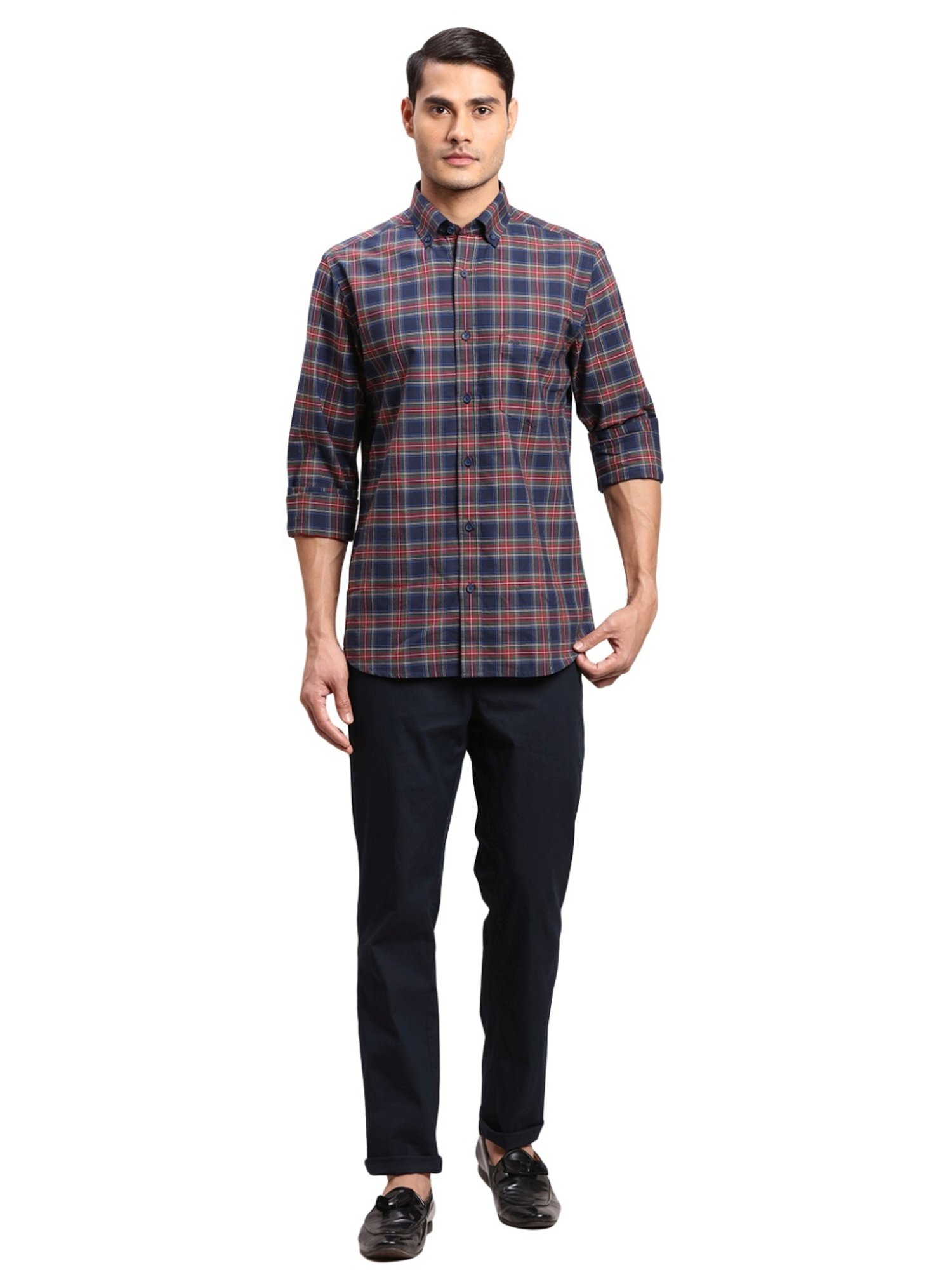 ColorPlus Blue Cotton Regular Fit Checks Shirt