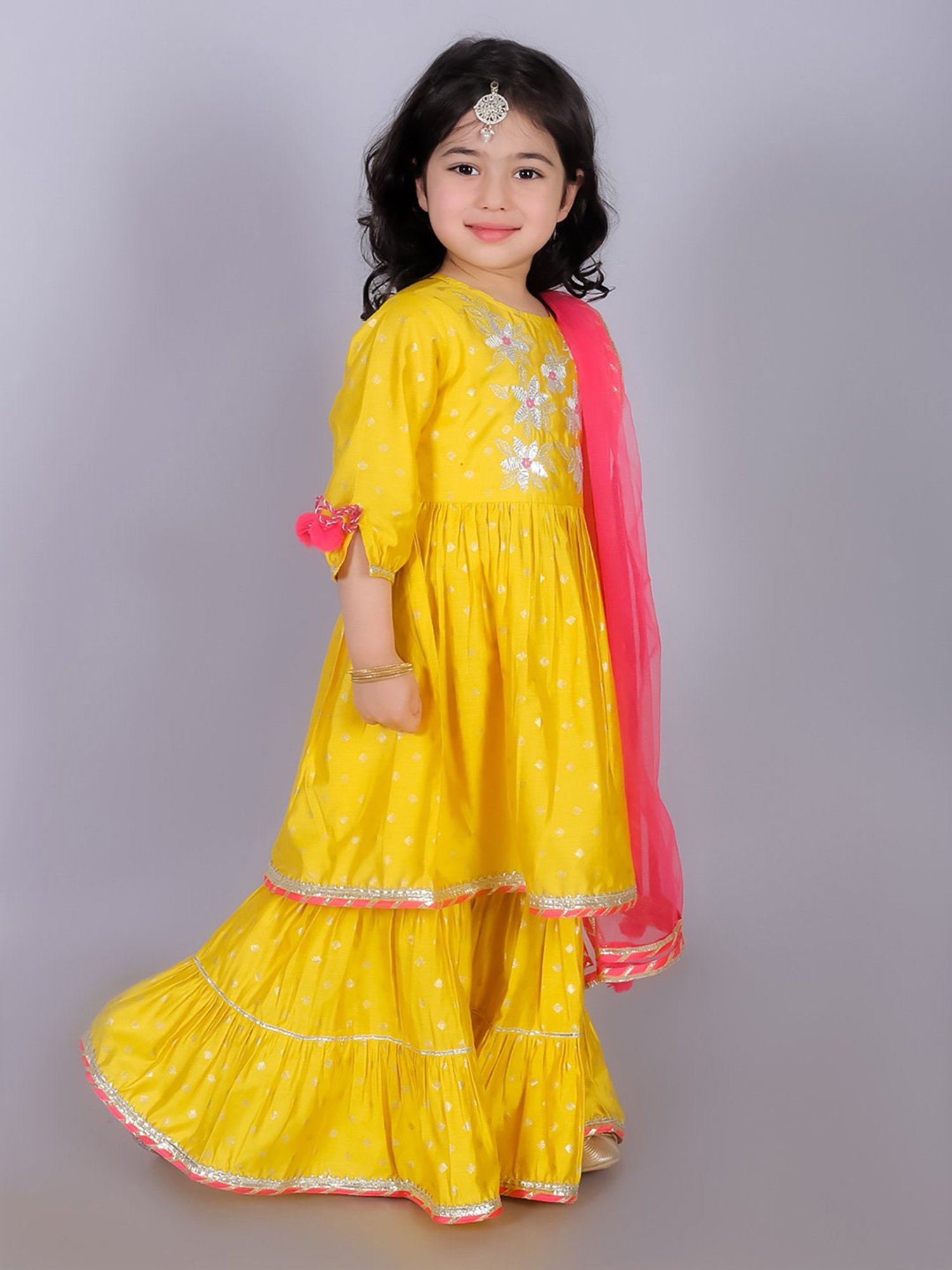 Lil Drama Kids Yellow & Coral Embroidered Kurta, Gharara with Dupatta