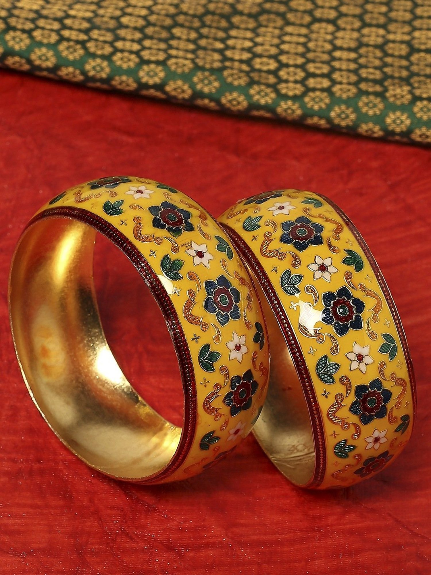 Oomph Yellow Brass Kada Bangles - Set of 2