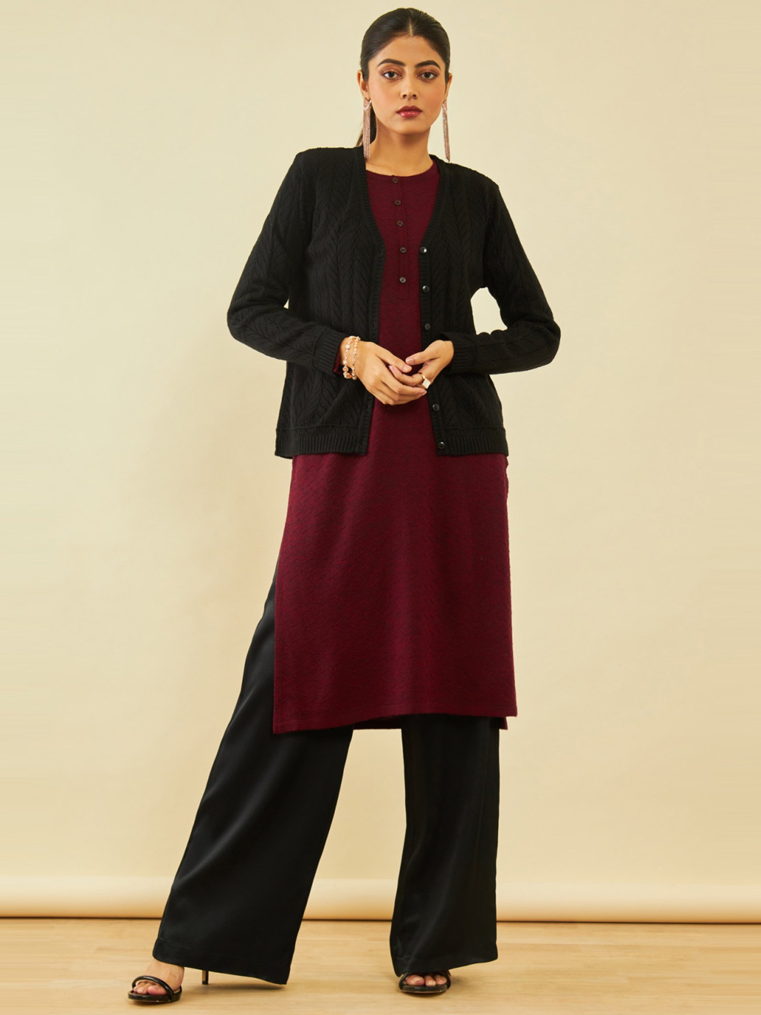 Soch Black Acrylic Chevron Pattern V-Neck Cardigan with Ribbed Hems