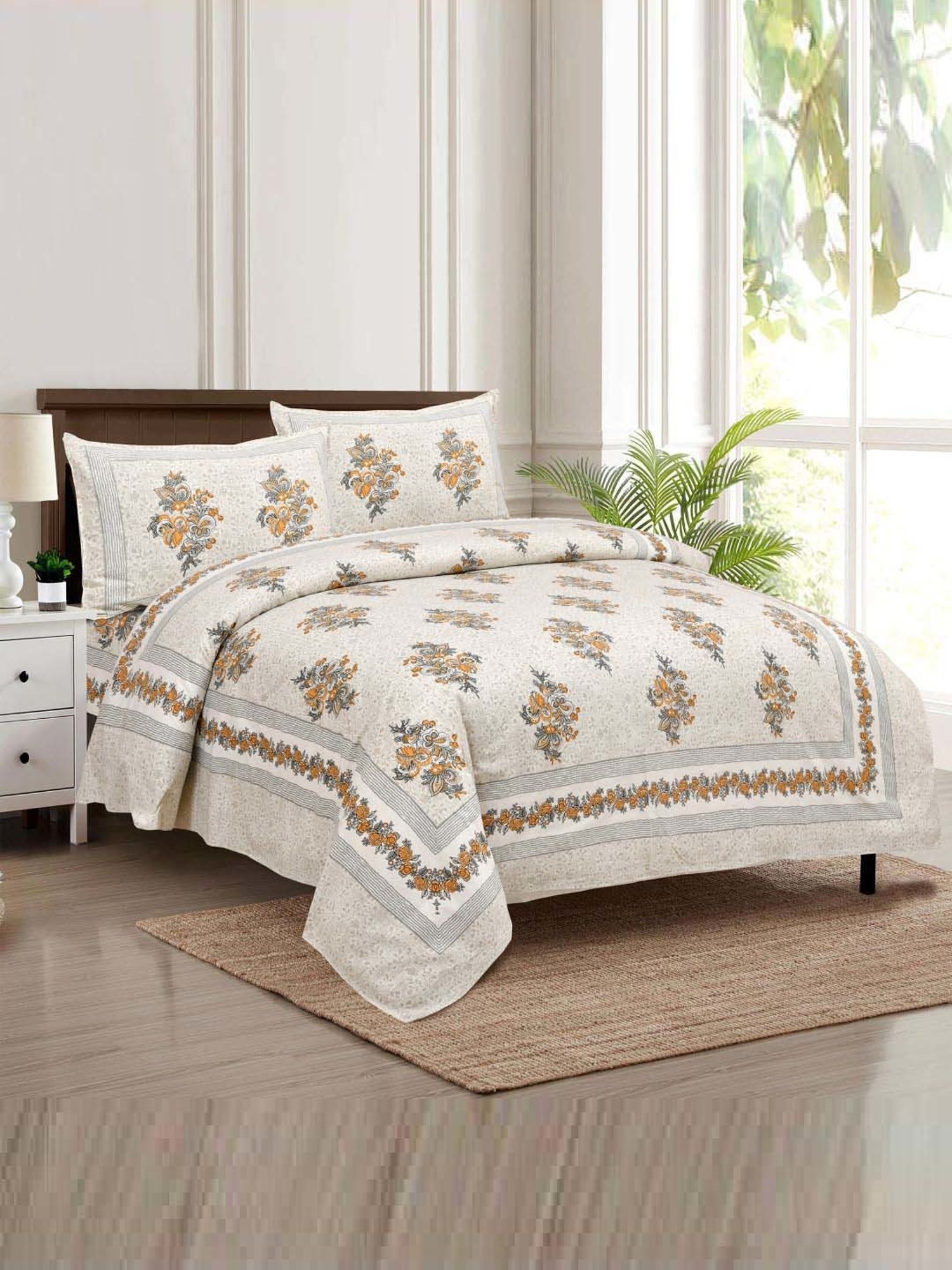 JaipurFabric Grey & Orange 180 TC 100% Cotton Beautiful Bouquet Double Bedsheet with 2 Pillow Covers