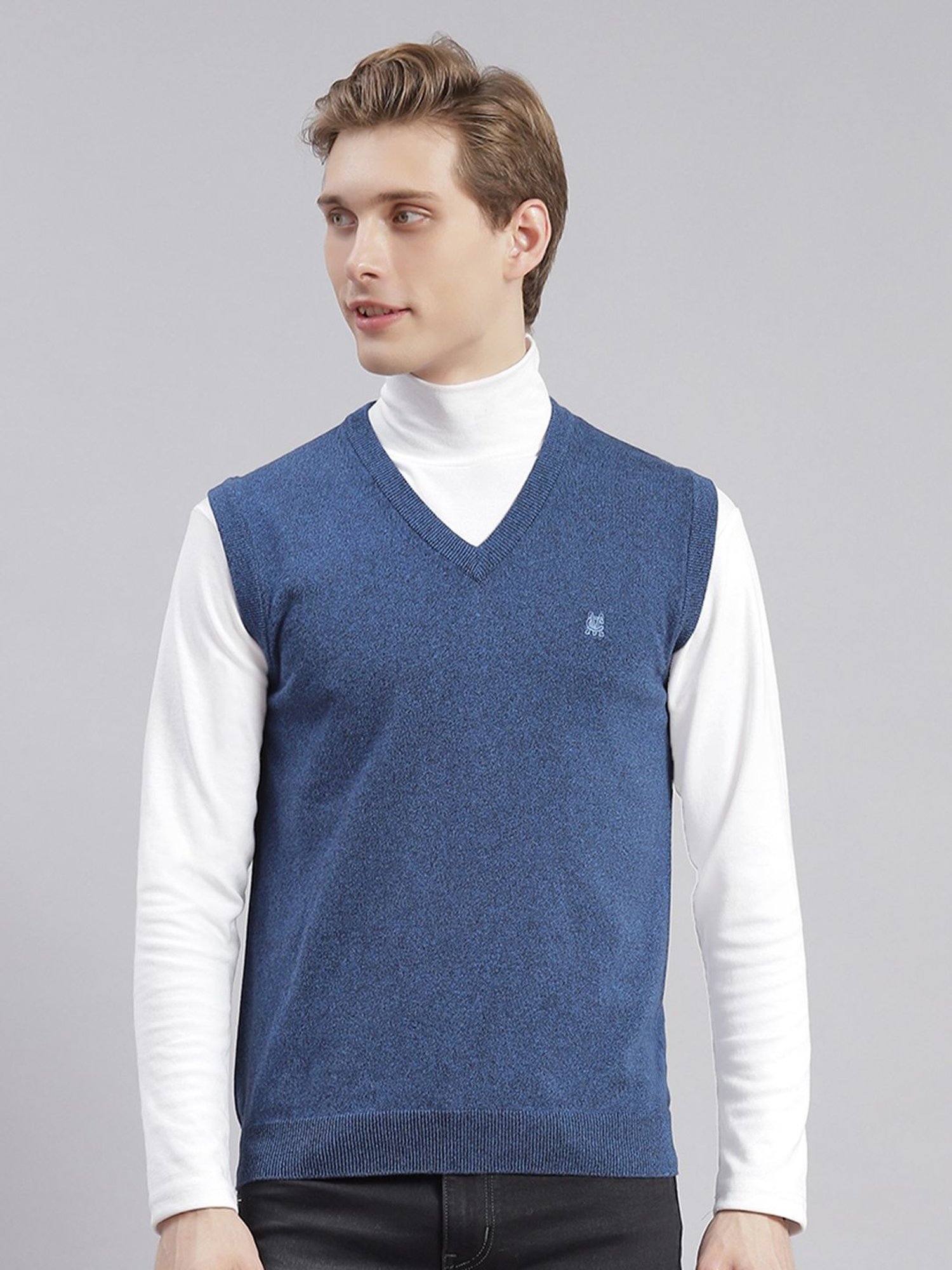 Monte Carlo Blue Cotton Regular Fit Self Pattern Sweater