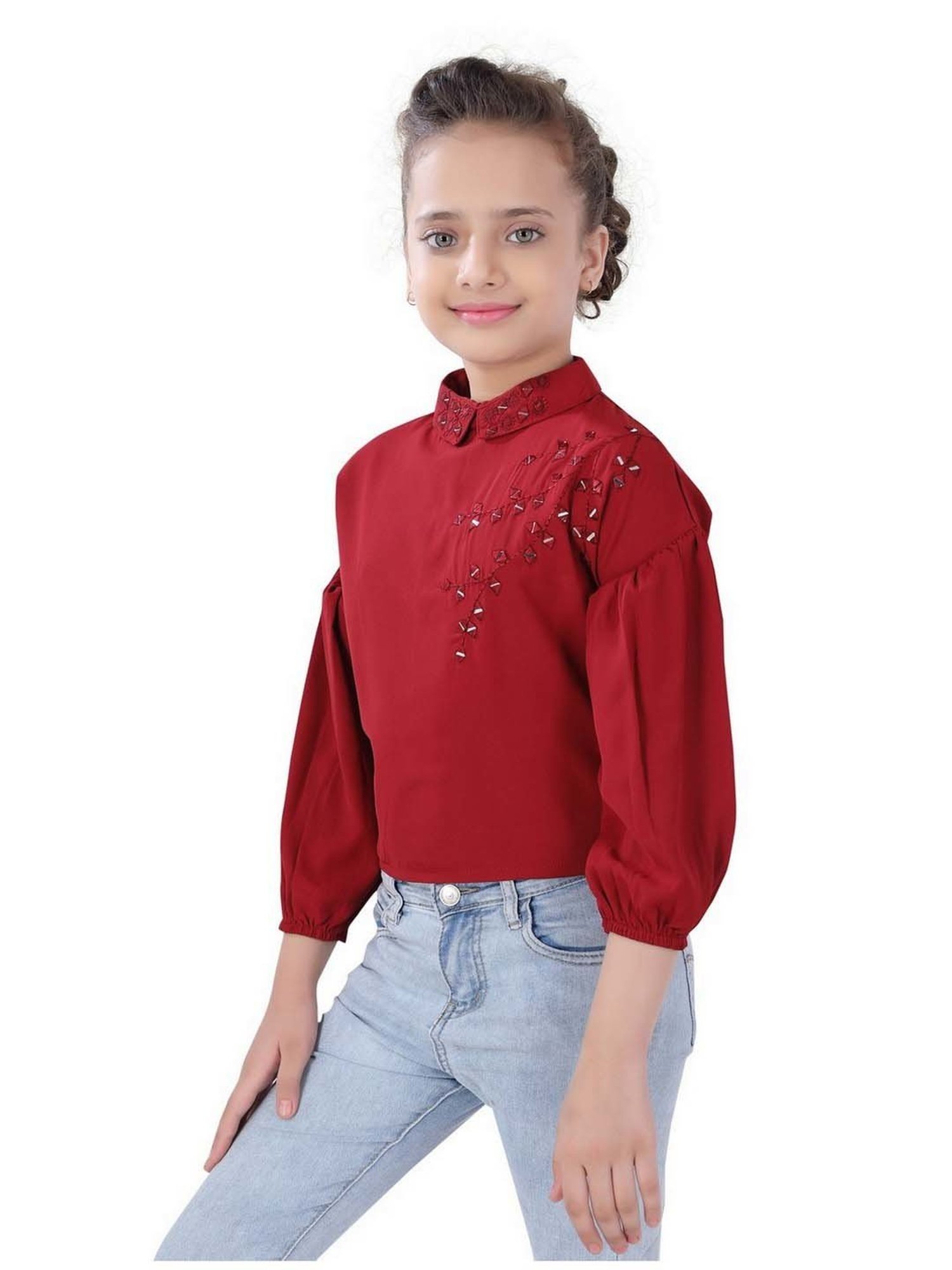 poplins Kids Maroon Cotton Embellished Full Sleeves Top