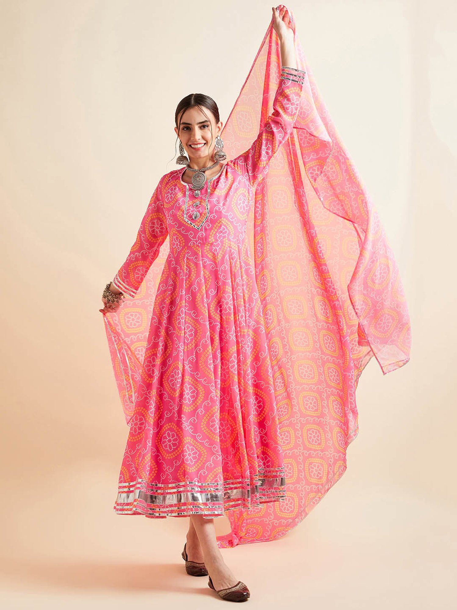 PANIT Pink Printed Ethnic Dress With Dupatta