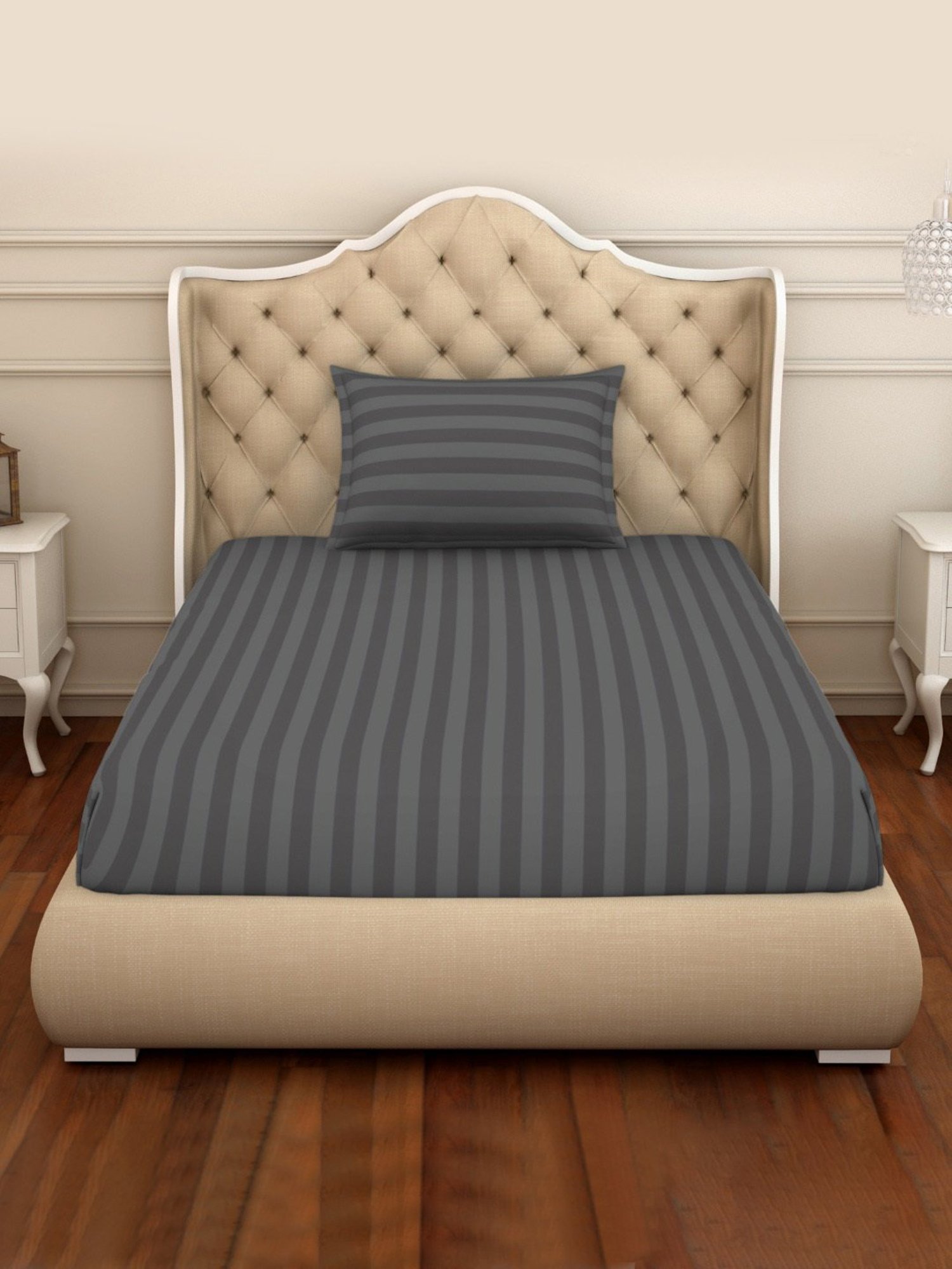 Spaces Skyrise Stripes Grey 210 TC Cotton Single Bedsheet With 1 Pillow Covers