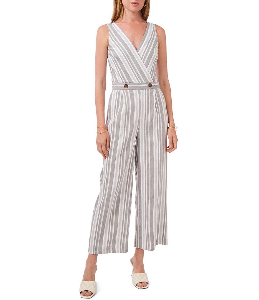 Vince Camuto Linen Blend Sleeveless Wrap Front Button Waist Striped Jumpsuit