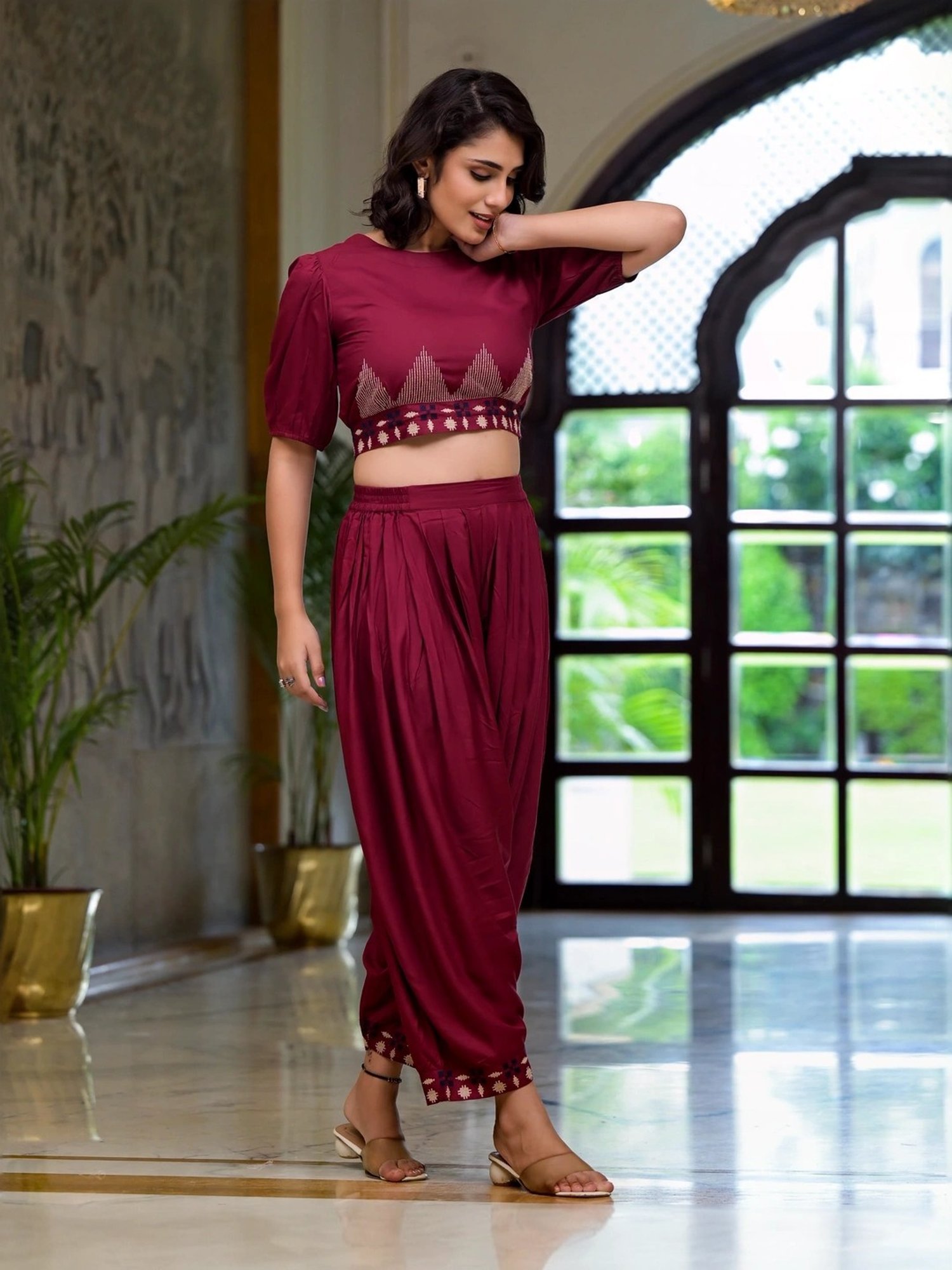 Juniper Maroon Embroidered Crop Top Dhoti Pant Set