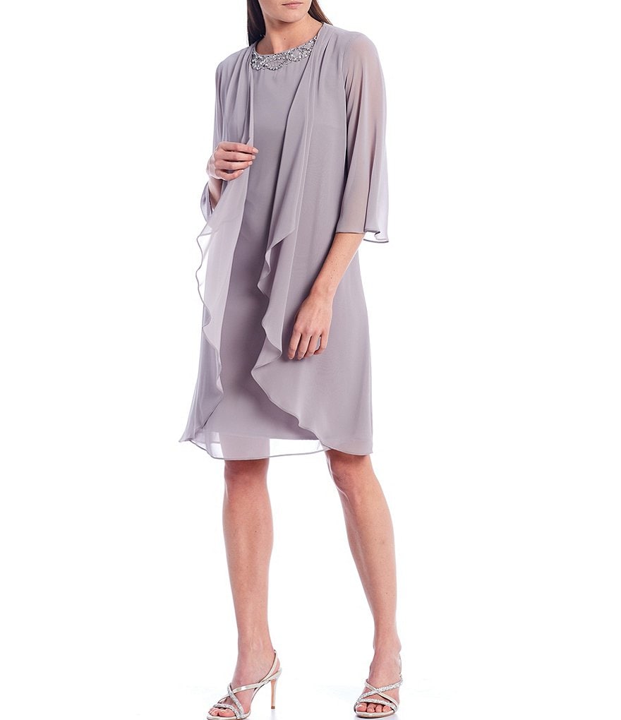 Kay Unger Long Bishop Sleeve V-Neck Crepe A-Line Dress