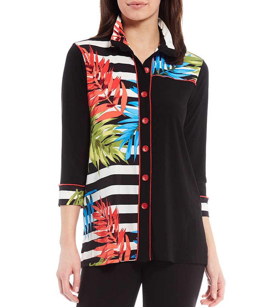 Ali Miles Color Block Stripe Tropical Print Button-Front Tunic