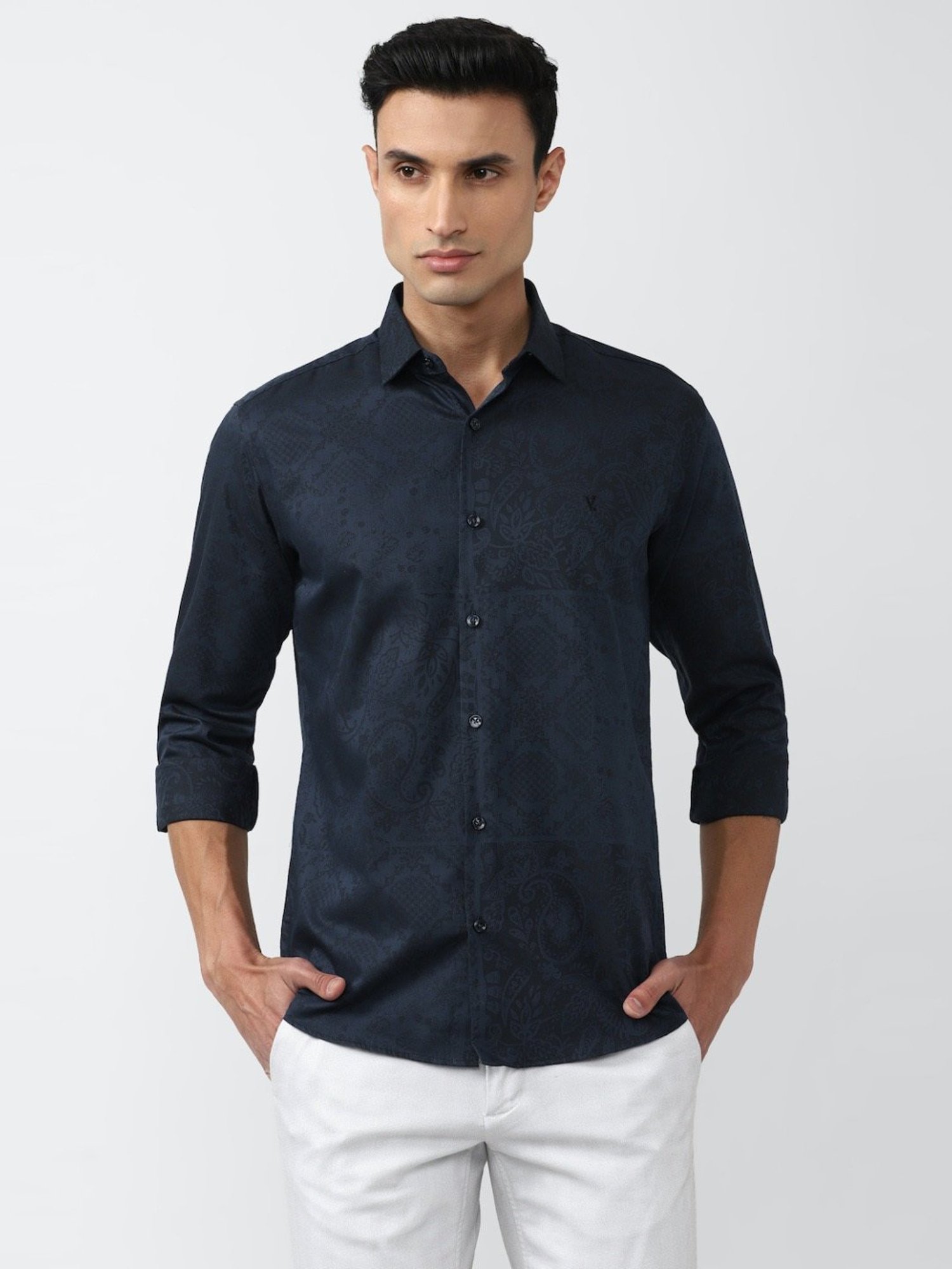 V Dot Navy Cotton Slim Fit Printed Shirt
