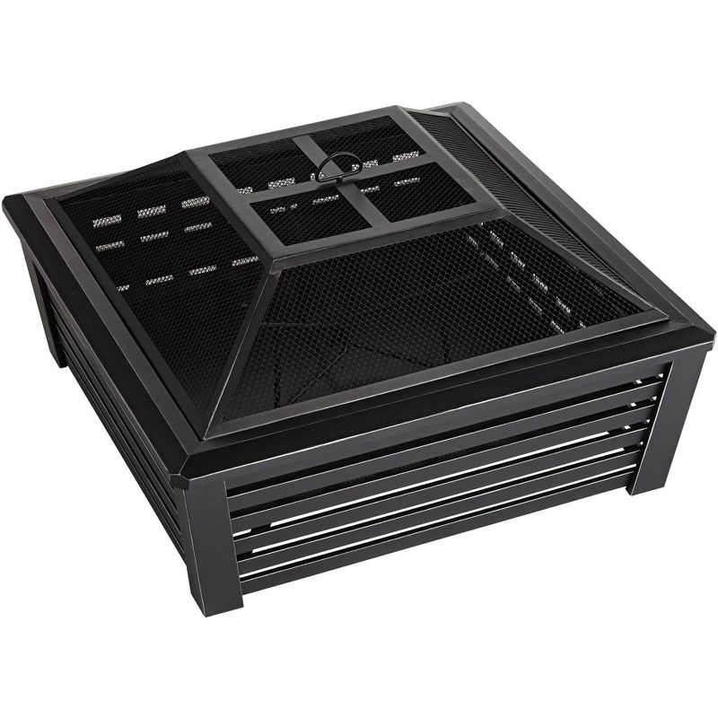 John Timberland Black Outdoor Fire Pit Square 35" Steel Metal Mesh Wood Burning with Spark Screen and Fire Poker for Outside Backyard Patio Camping