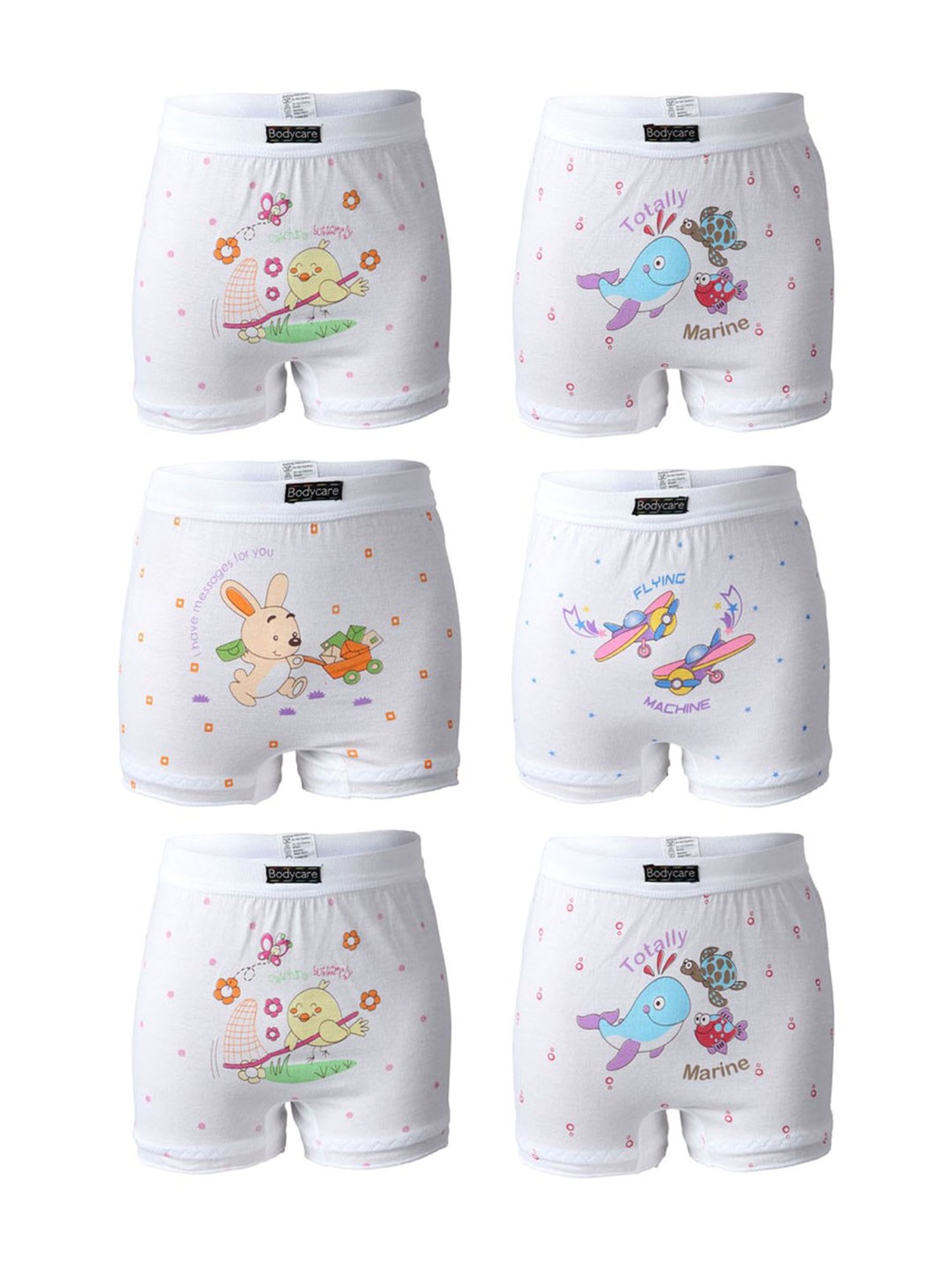 Bodycare Boys White Cotton Printed Bloomers (Pack of 6)