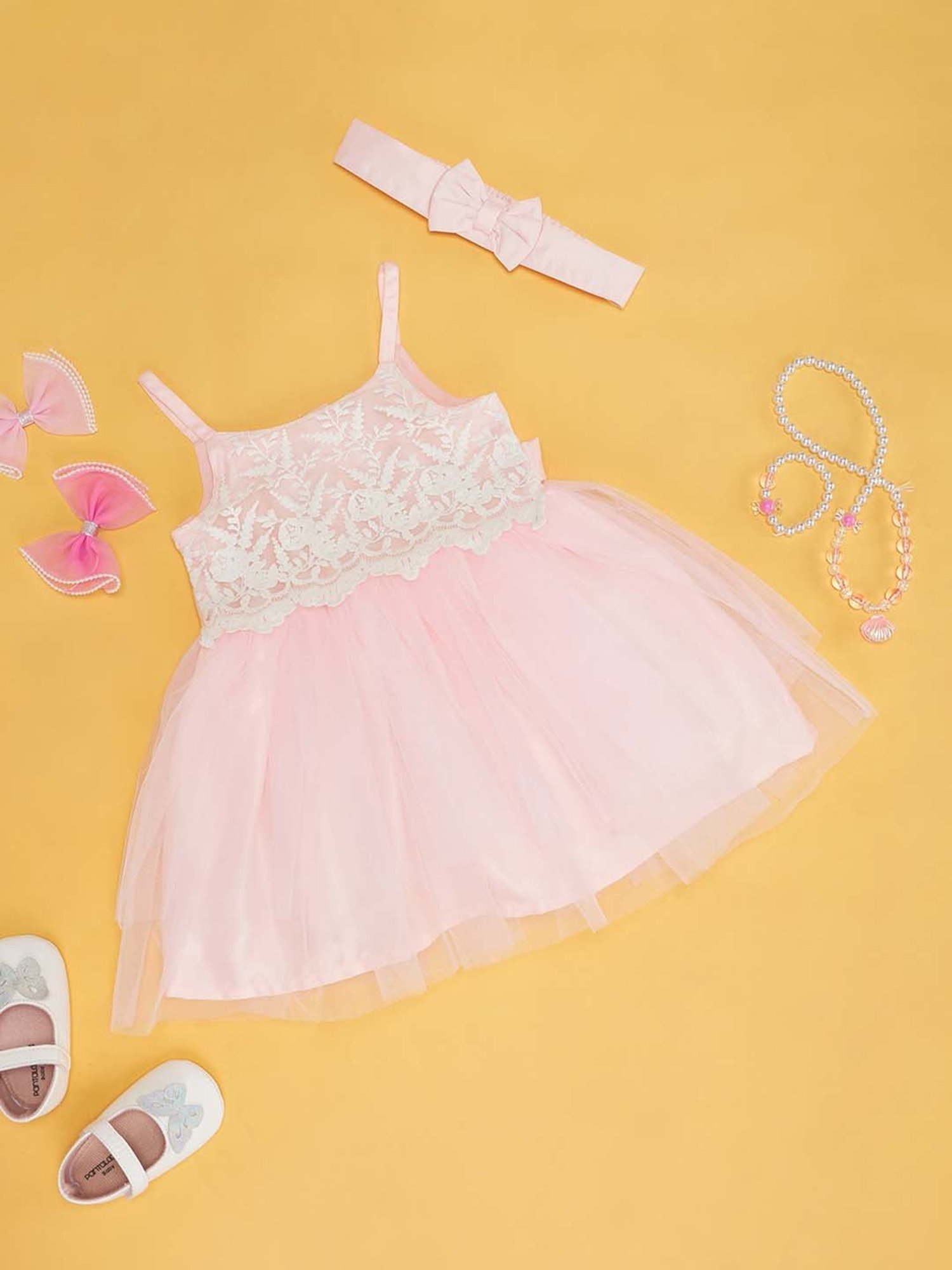 Pantaloons Baby Kids Gossamer Pink Embroidered Dress