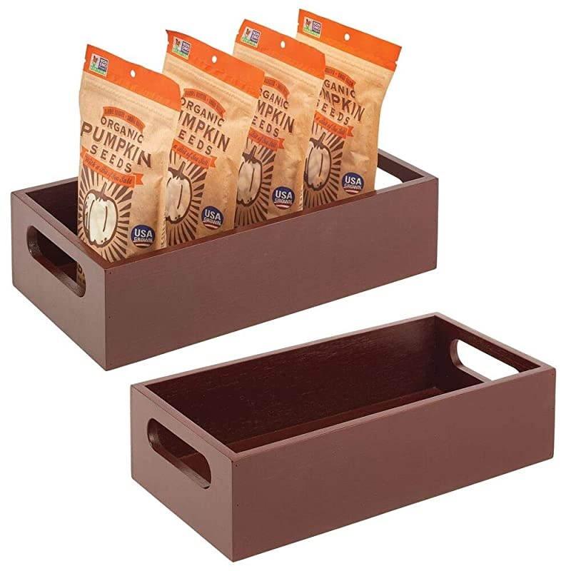 Bamboo Wood Compact Food Storage Bin with Handle for Kitchen Cabinet, Pantry, Shelf to Organize Seasoning Packets, Powder Mixes, Spices, Packaged Snacks - 2 Pack - Espresso Brown